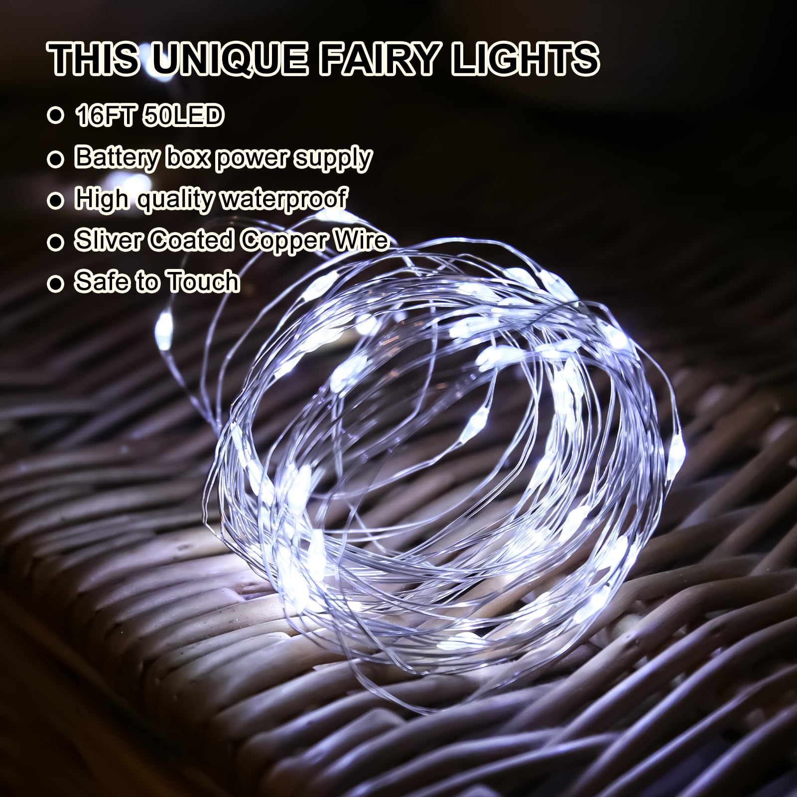 Sinamer White Fairy Lights Battery Operated (Included), 8 Modes & Auto Timer, 4 Packs 5M 50Led Mini Twinkle Silver Wire Firefly Starry Lights, Waterproof Battery Operated Lights For Tree Bottle Party