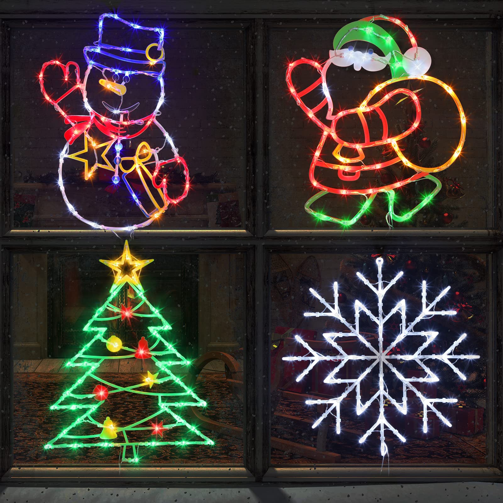 Trwymz Christmas Decorations - 16 Christmas Window Silhouette Lights - 4 Pack Colour Lighted Santa & Snowman & Snowflake & Christmas Tree For Holiday Indoor And Outdoor Wall Door Window Decorate
