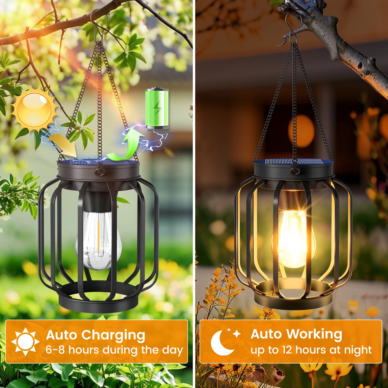 Aounq Solar Lanterns Outdoor Waterproof 4 Pack  14.37 Metal Hanging Solar Lights For Outside With Auto On/Off & Hook - Brighter Hanging Outdoor Lanterns Decorative Lighting For Garden Patio Yard