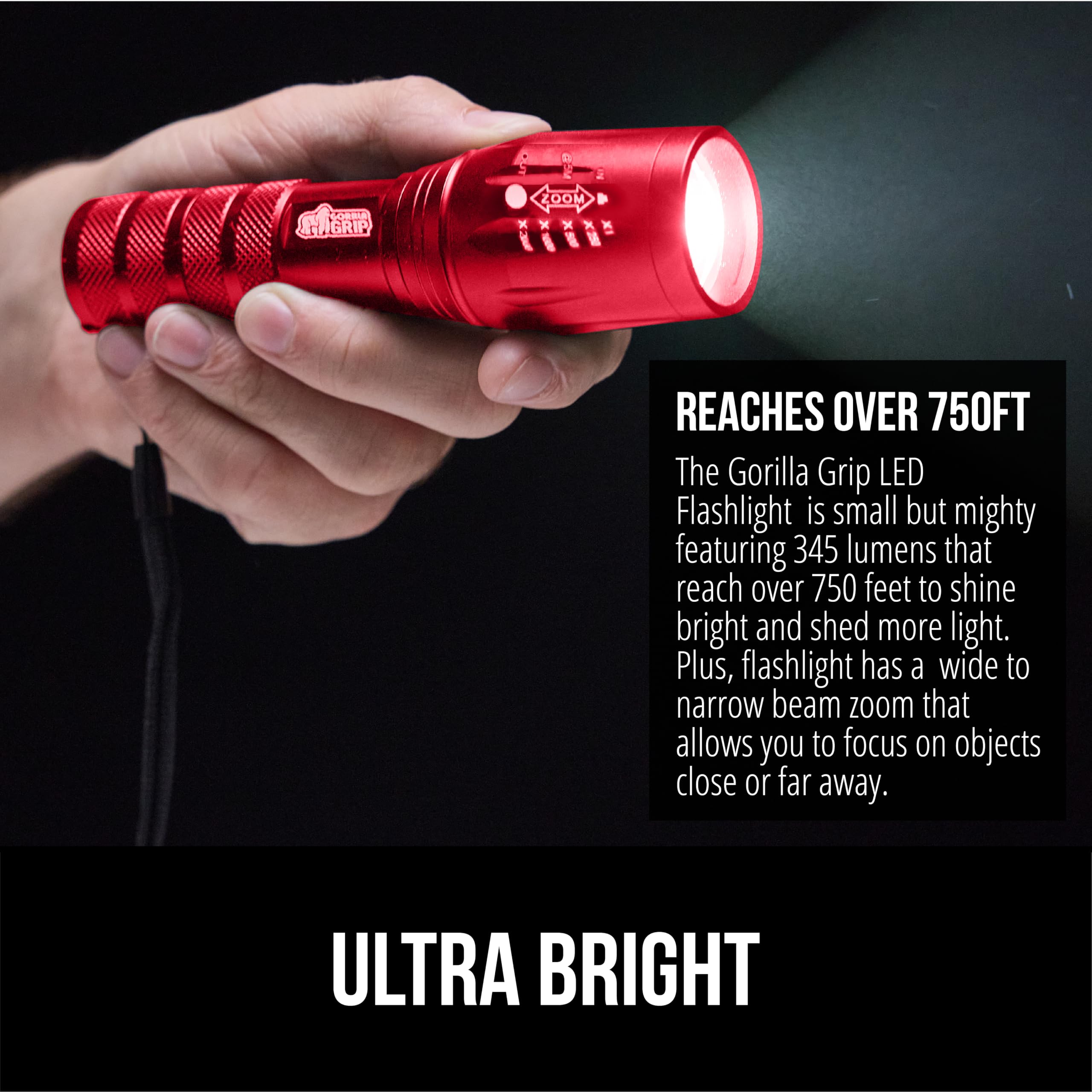 Gorilla Grip LED Tactical Handheld Flashlight 750 FT Zoom, 5 Modes, Water Resistant, Ultra Bright, Red, Model 840029684887