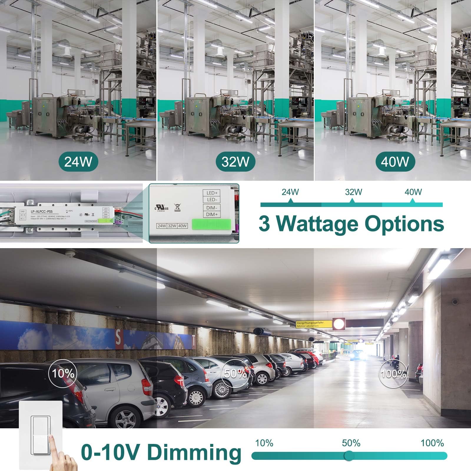 Kadision 4Ft Vapor Tight Led Light Fixture 40W/32W/24W Adjustable Light Output, 4800Lm 5000K 100-277V, 0-10V Dimmable Vapor Proo