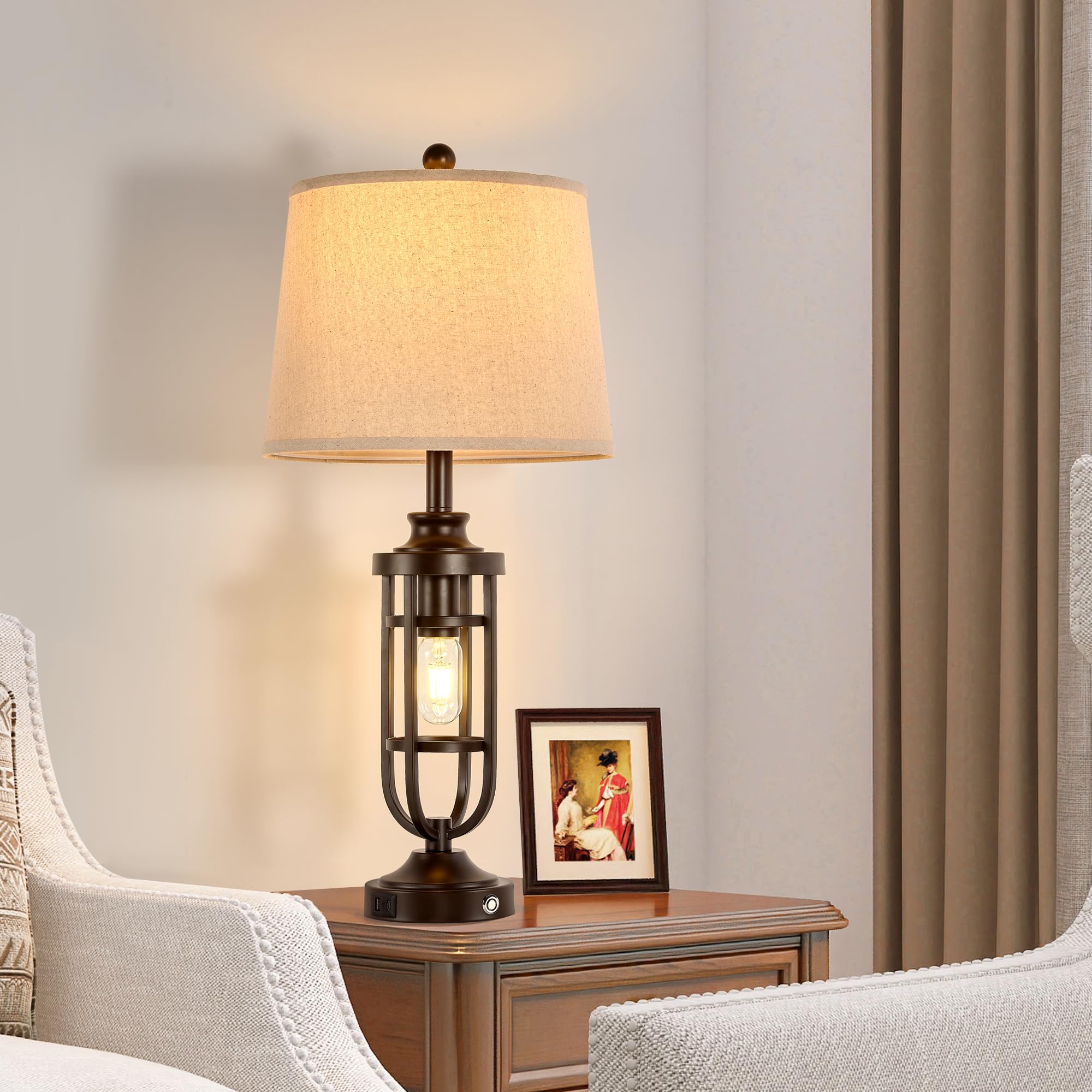 Srjjrs 28.8'' Farmhouse Table Lamps For Living Room Set Of 2, 3-Way Dimmable Touch Lamps With Usb Ports, Rustic Nightstand Lamps