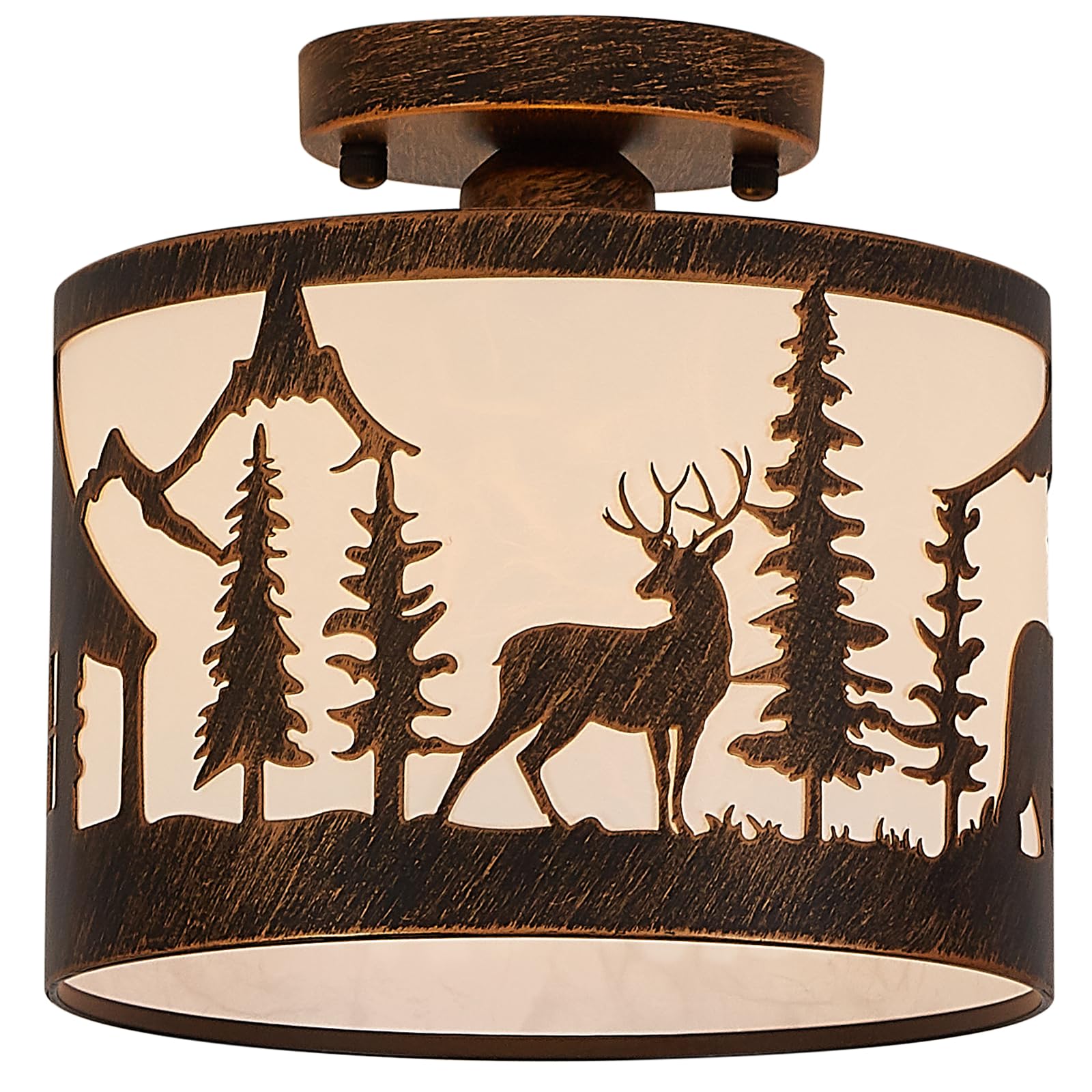 Monaxon Rustic Semi Flush Mount Ceiling Light, Black Metal, Wildlife Forest Theme, E26 Base, 9.1in Round, With Shade