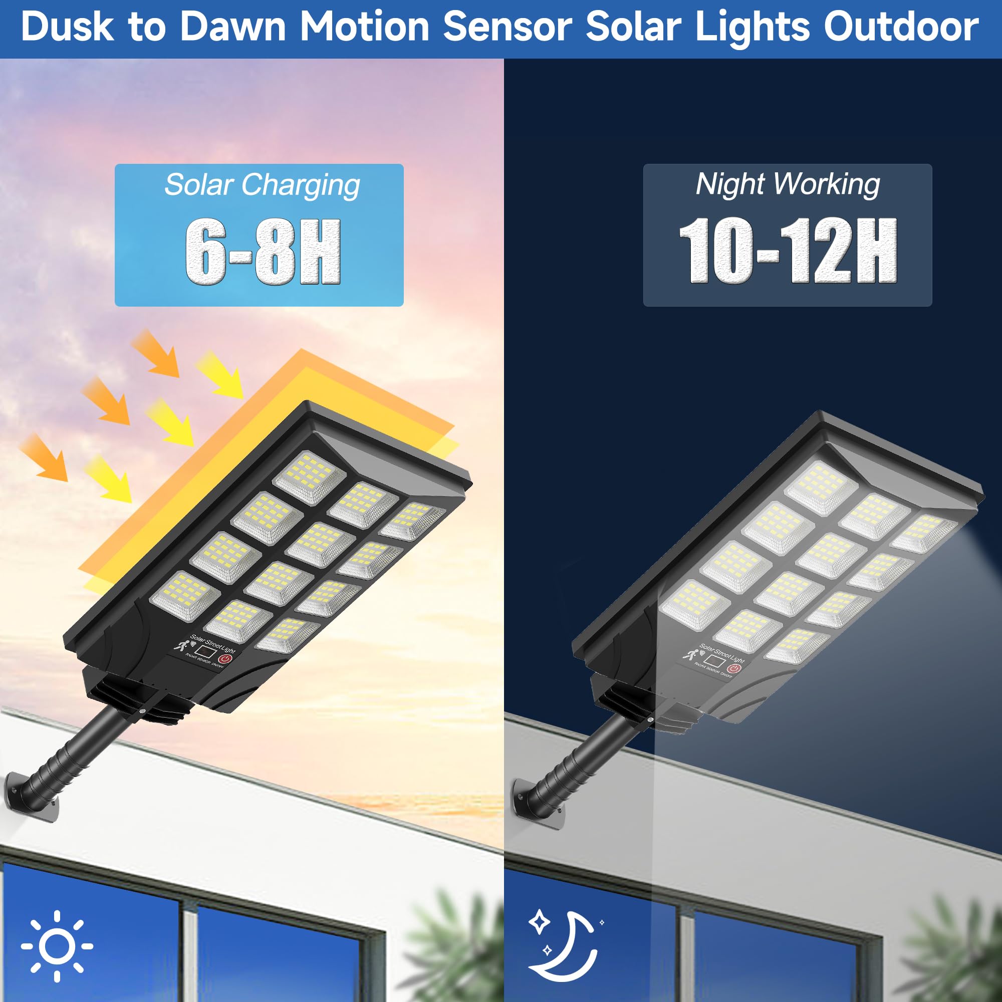 TFKK Solar Street Lights - 6500K LED Dusk to Dawn Motion Sensor, Waterproof Security Light, 2PCS, White