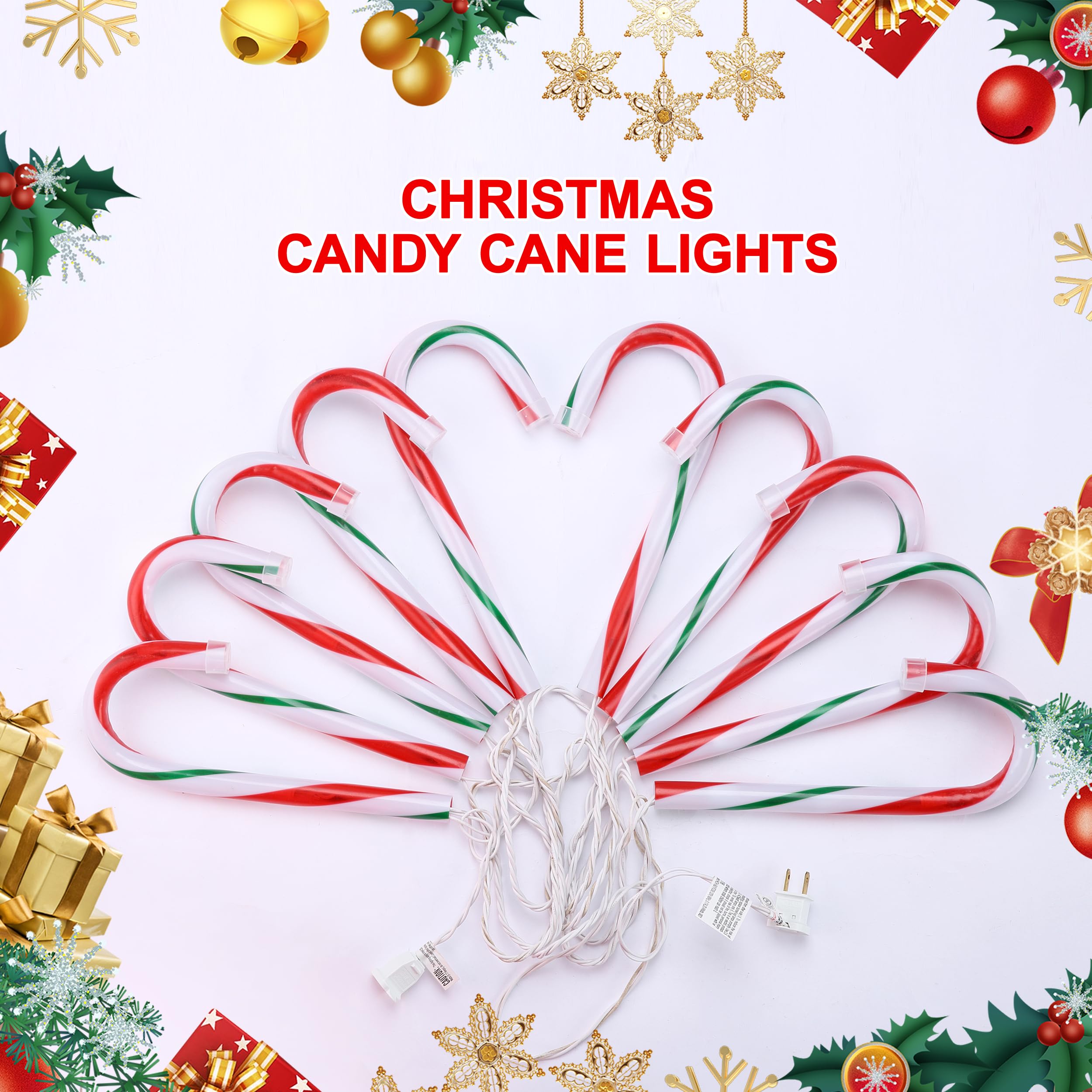 Vcoken 10'' Christmas Candy Cane Lights Outdoor Pathway, Set Of 10 Christmas Candy Cane Markers Waterproof, Light Up Xmas Candy