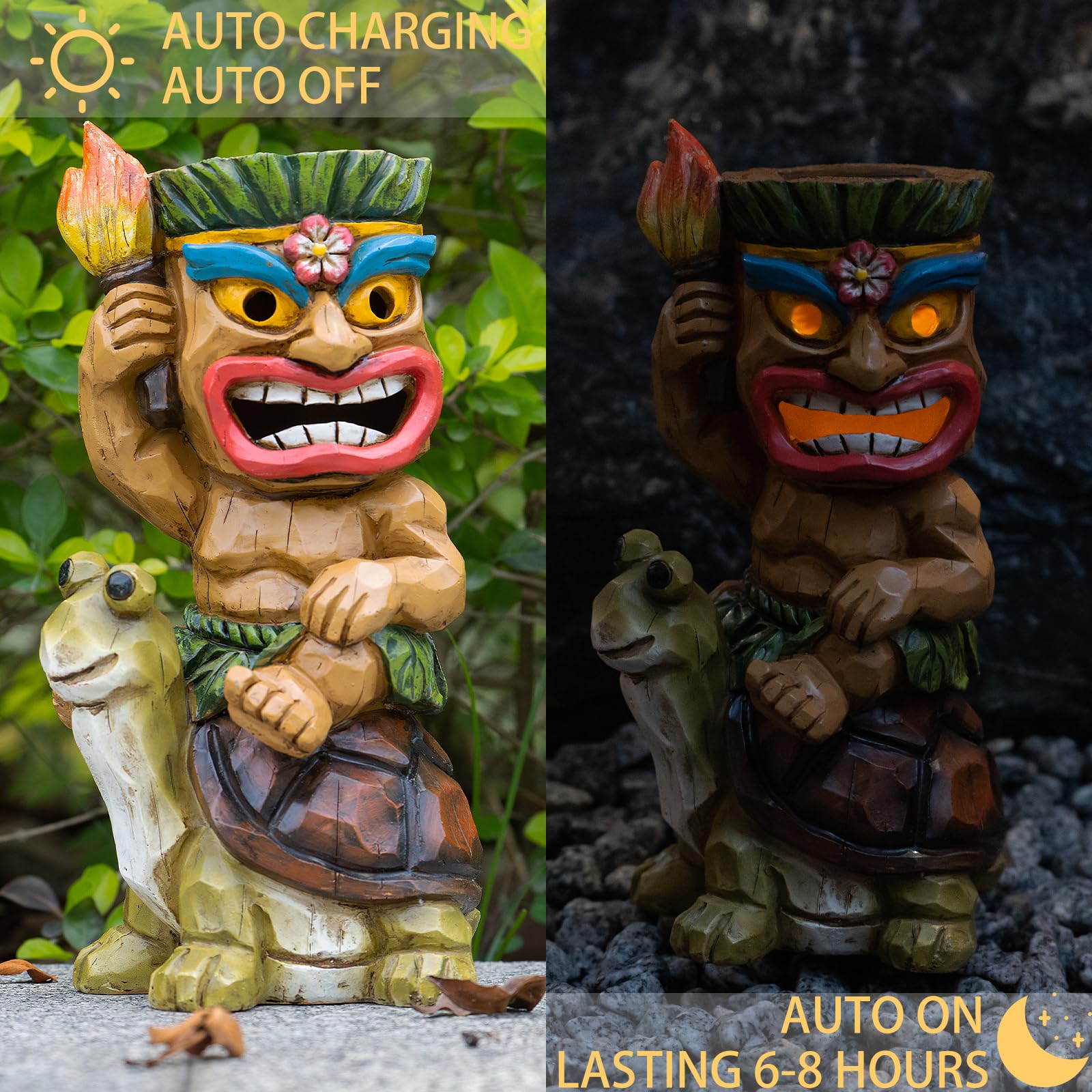 EPTUEGA Tiki Statue - Solar Turtle Decor, Resin, Tiki Riding Turtle, Outdoor Decoration for Patio, Balcony, Yard