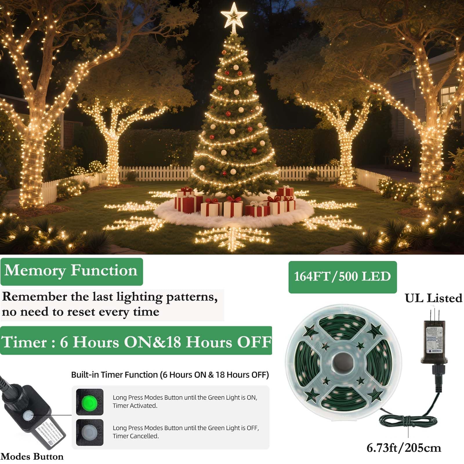 Tcamp 306FT 1000 LED Christmas Lights, Warm White, 8 Modes, Timer, Green Wire, Model QL300AE