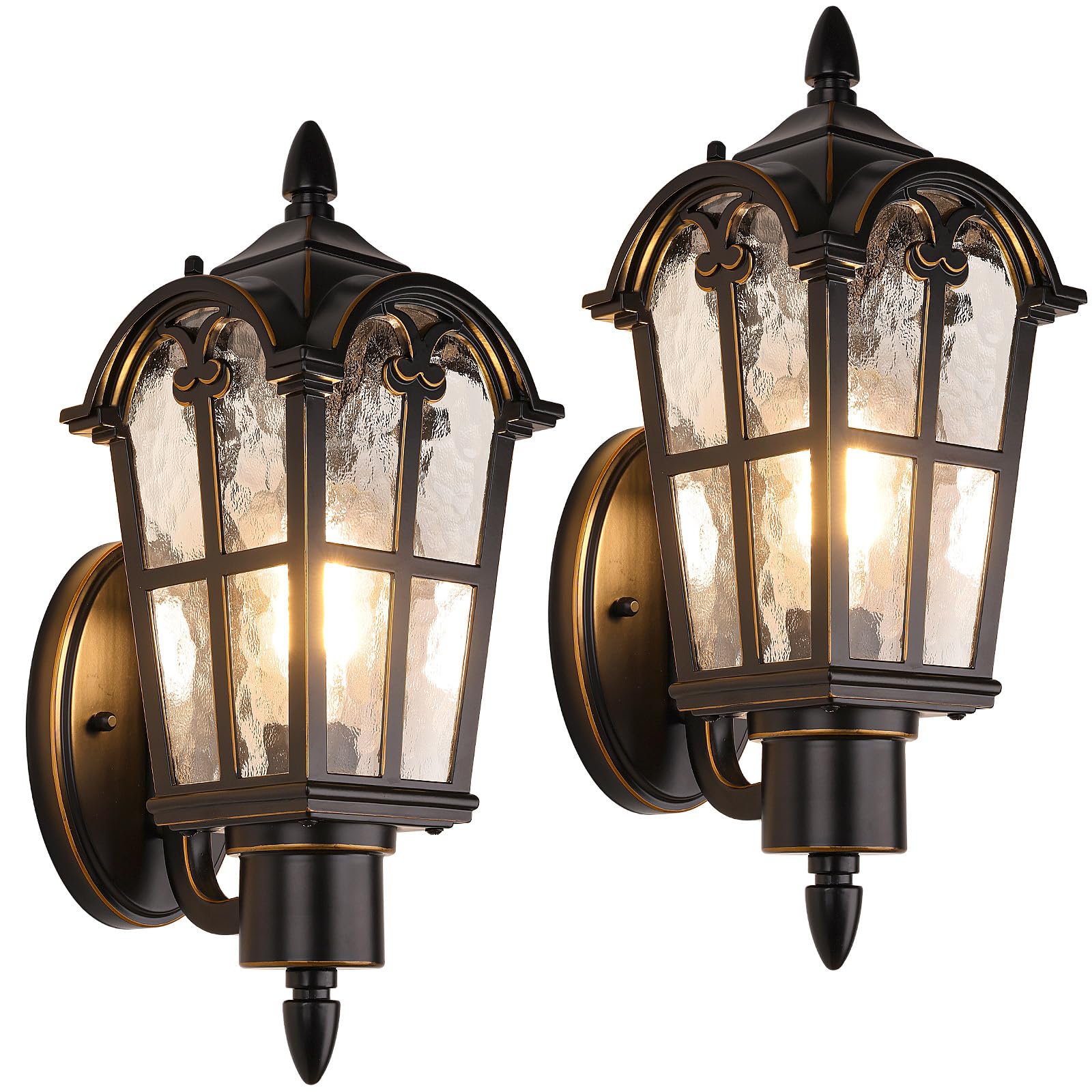 Sucolite Outdoor Wall Light Fixtures, Vintage Black & Gold Waterproof Porch Lights, 2 Pack, Metal, Model B06068P(2PK)