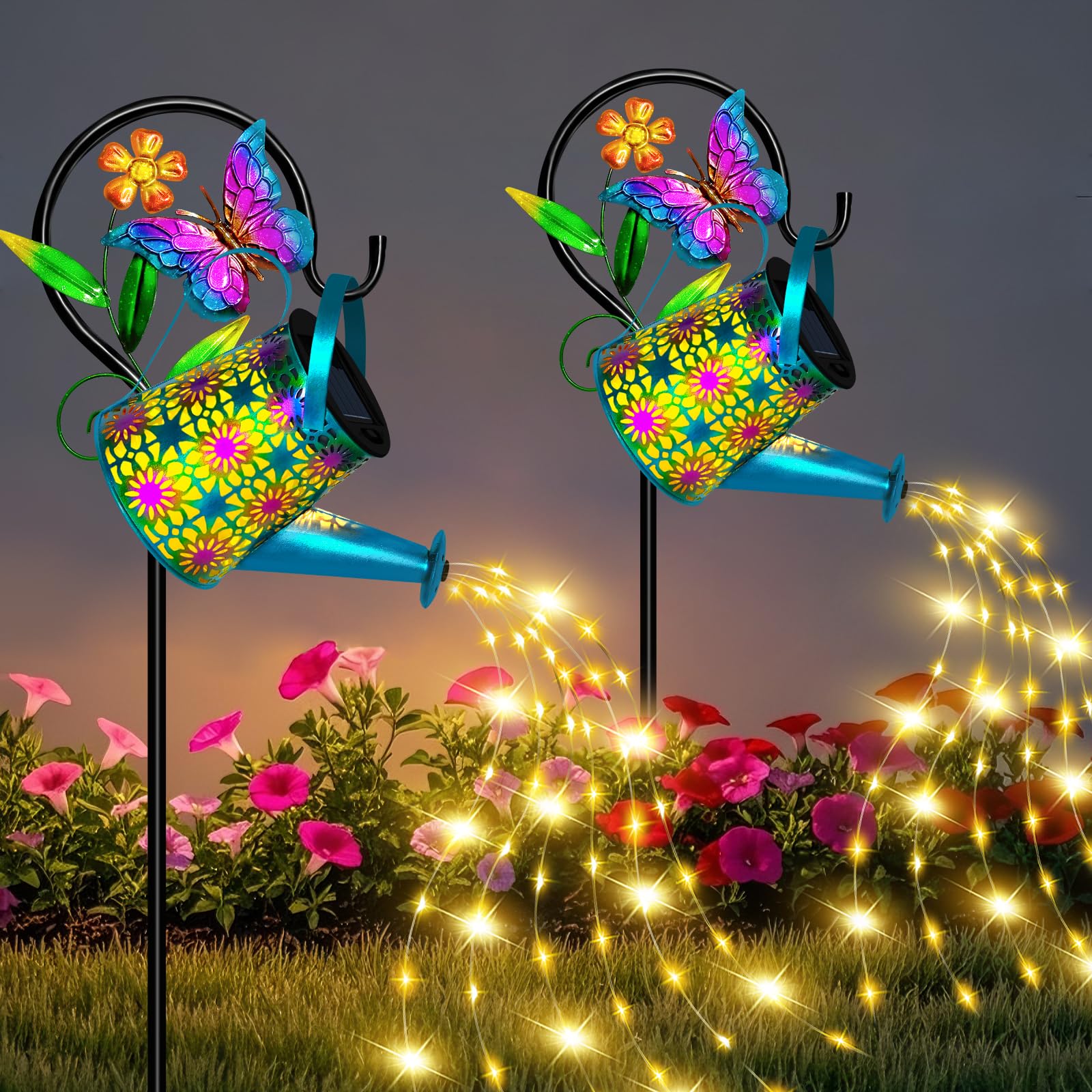 Solar Watering Can with Lights  Waterproof Solar Lantern with Butterfly Shepherd Hook  Hanging Garden Lights for Patio Yard Lawn Porch Outdoor Decoration 2 Pack