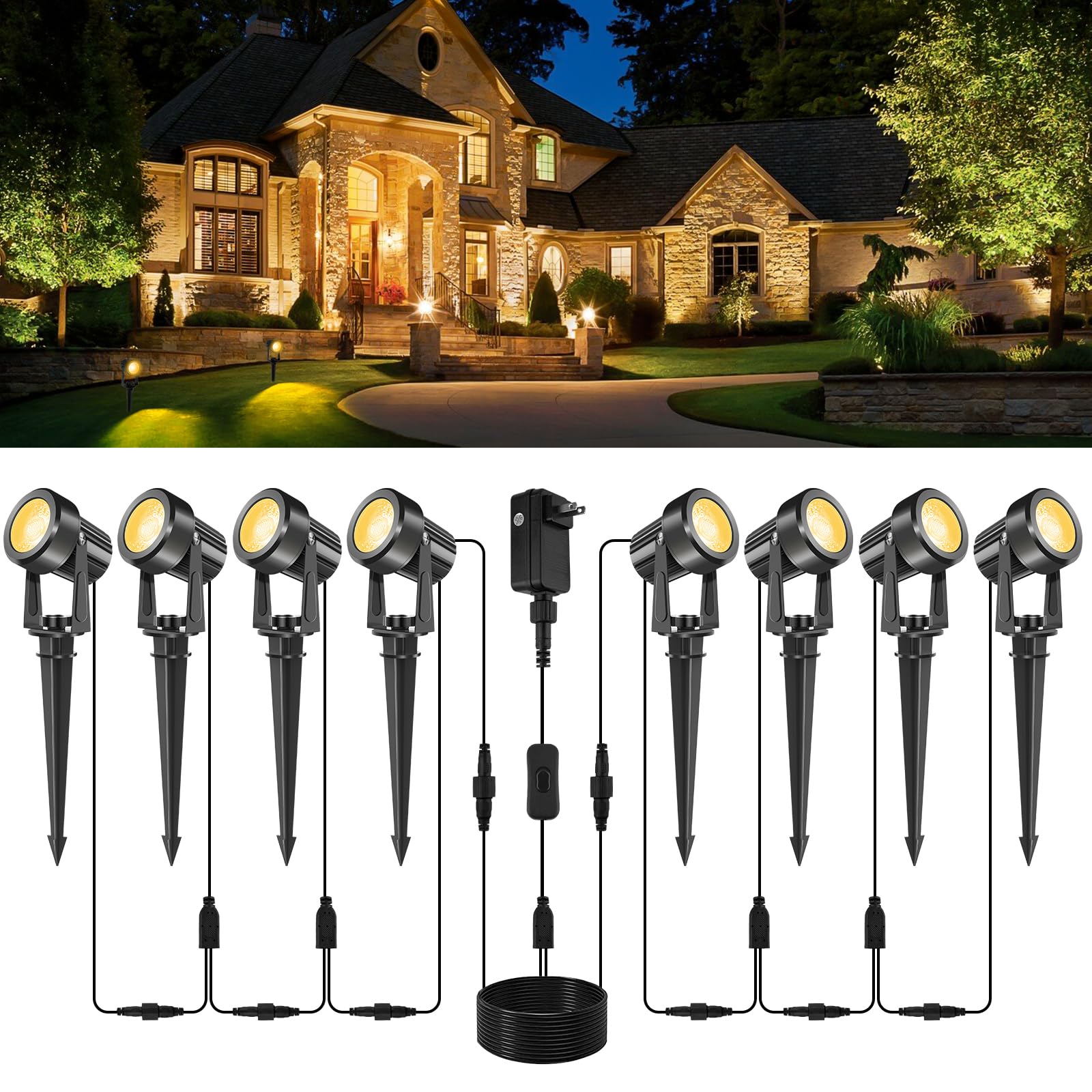 Crepow Led Spotlights Outdoor Low Voltage Landscape Lighting Ip65 Waterproof With Us Plug  3000K Warm White Outdoor Spot Lights For Yard Flag Pole House Garden Tree(8-In-1)
