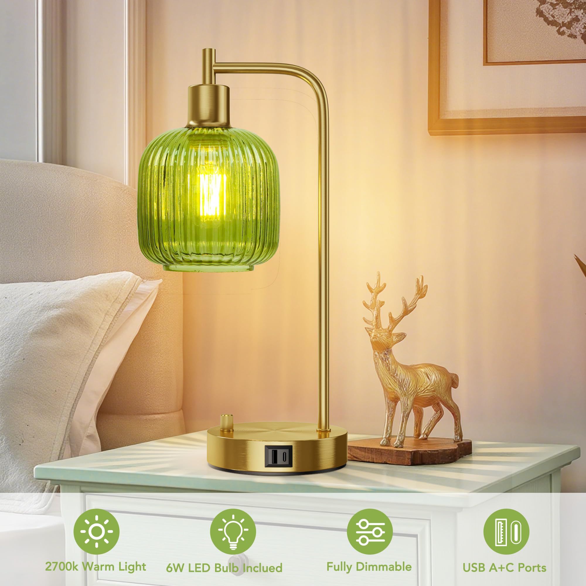 QiMH Industrial Table Lamp Set of 2, Green Glass with USB Ports, Dimmable Gold Finish, Model STR-DL-0208, Ideal for Bedroom & Living Room