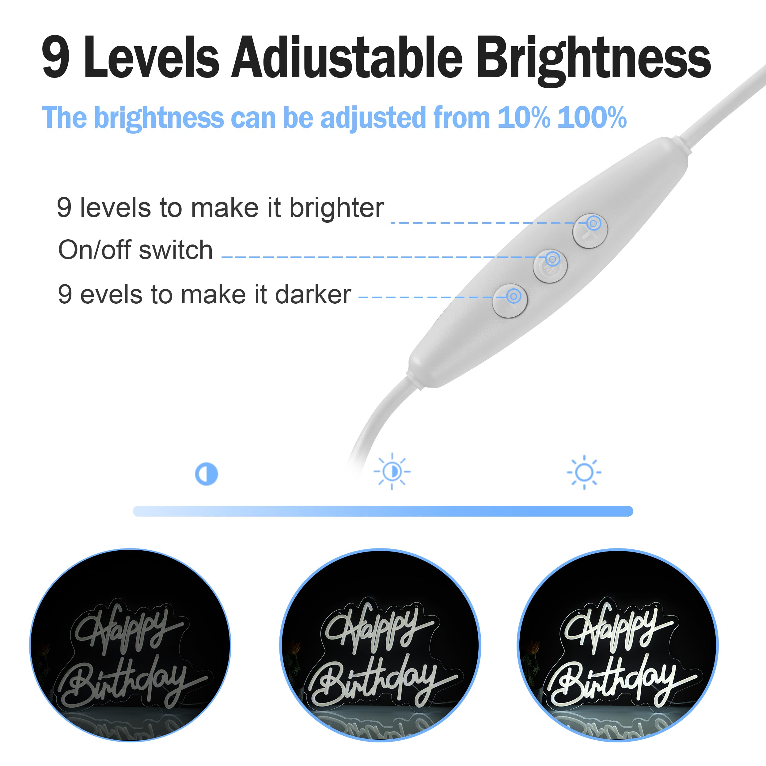 Liuisneo Happy Birthday Neon Sign,Innovative Integral Forming Process,With Dimmable Switch For All Holiday Party And Home Decoration,17 * 14Inch,White