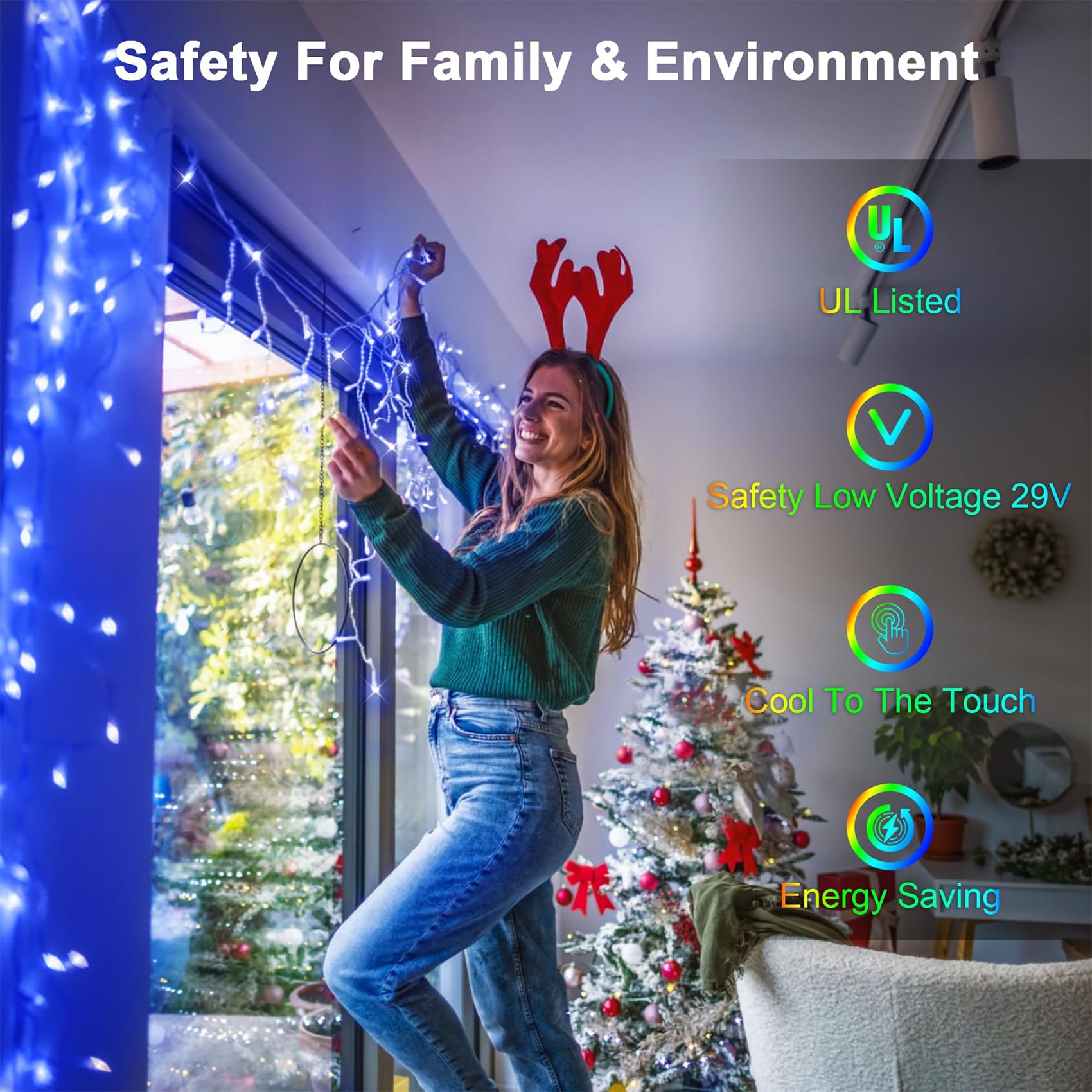 WUXYIYANG 648 LED Outdoor Christmas Lights, 66FT Waterproof Curtain String, 8 Modes, Blue, Model WX-648L, 144 Drops