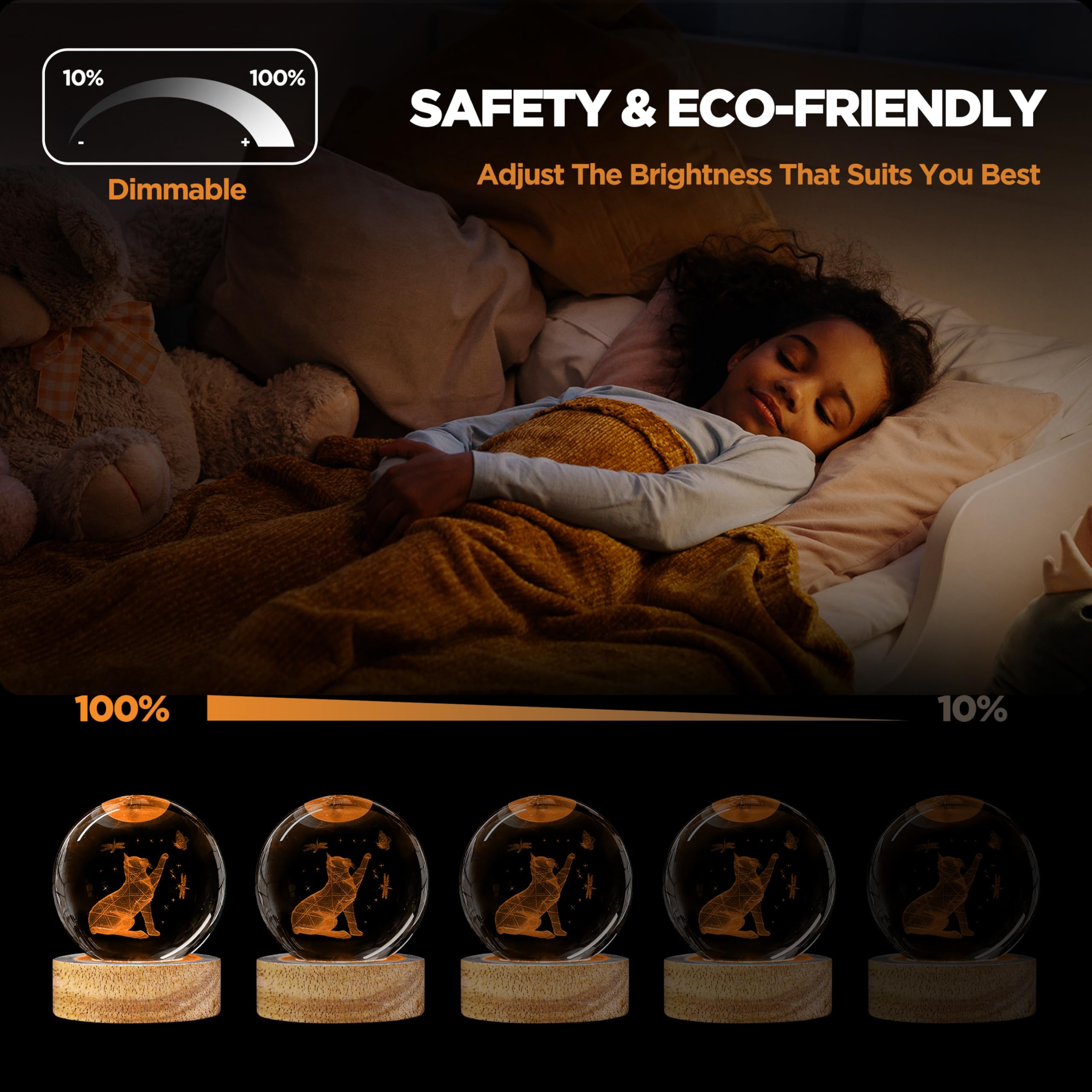 3D Crystal Ball Night Light Cat Lover Gifts For Women, 60Mm Cat Figurines Glass Lamps With 16 Color And Remote, Cute Room Table
