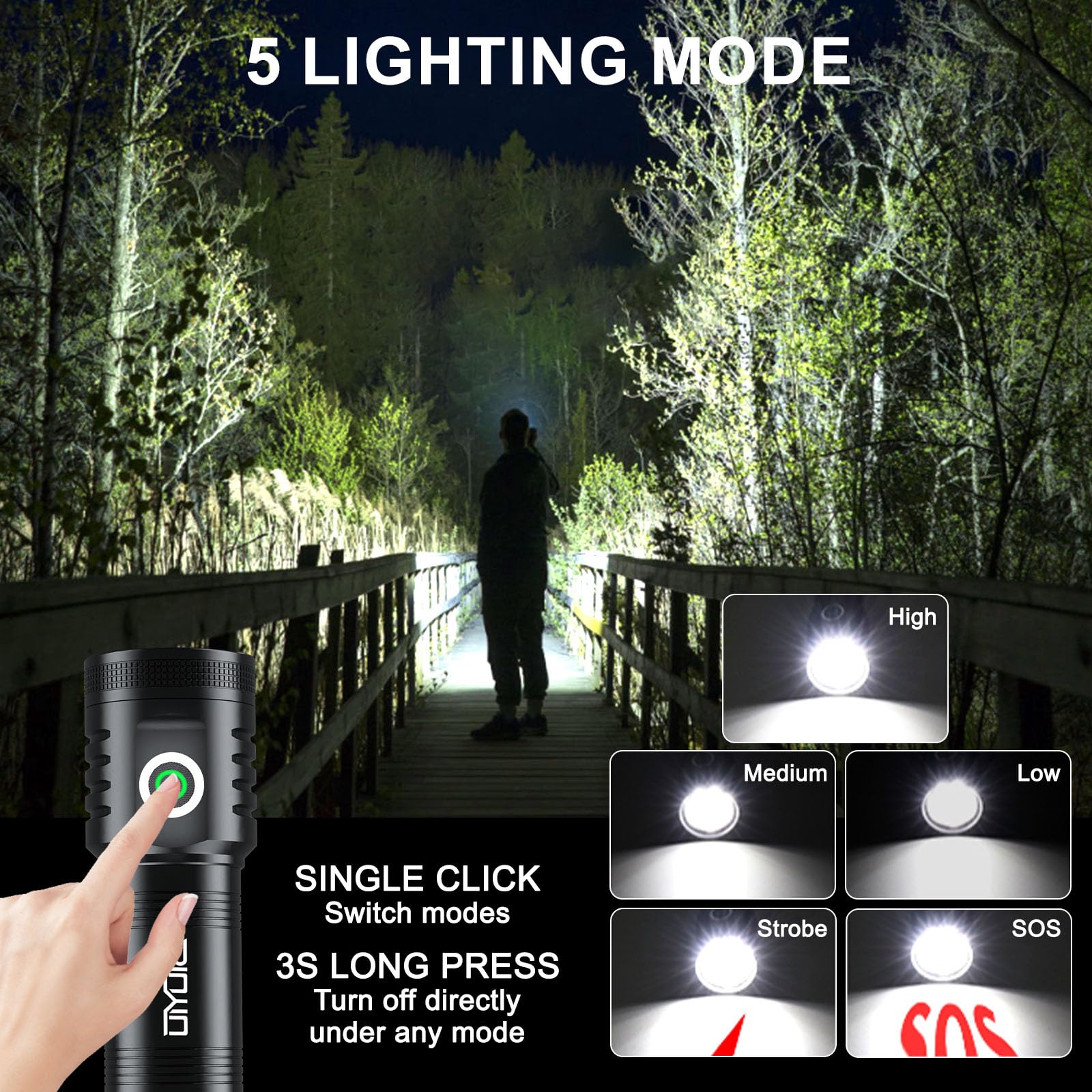 Siuyiu 2600Lumens Tactical Flashlight USB-C Rechargeable, Super Bright Flashlight, LED Flashlights High Lumens, with 5 Modes & I