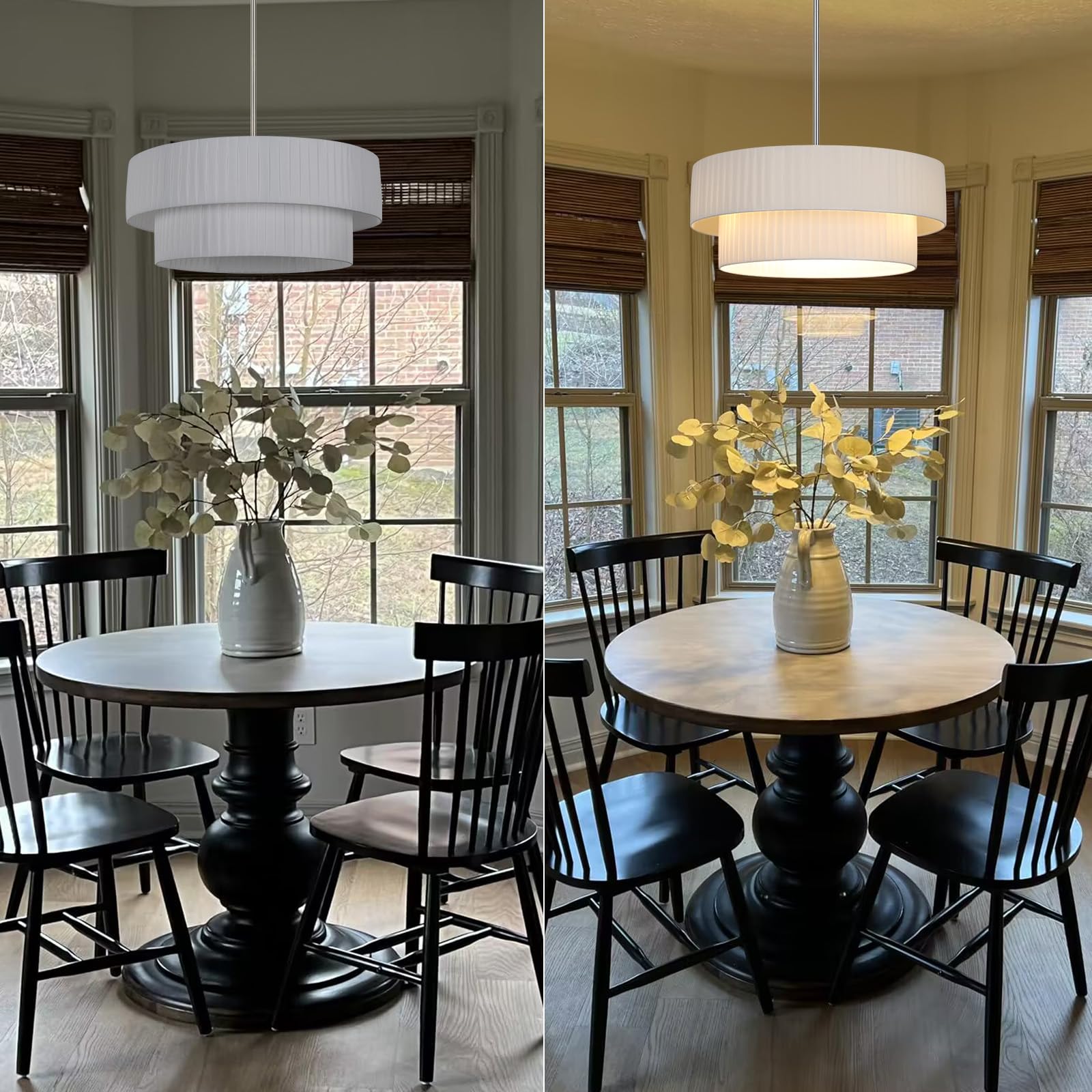 Lamqee 3-Light Modern Drum Chandelier, 2-Tier Semi-Flush Mount Pendant Light Fixtures With Fabric Lampshades, 20    Hang Ceiling
