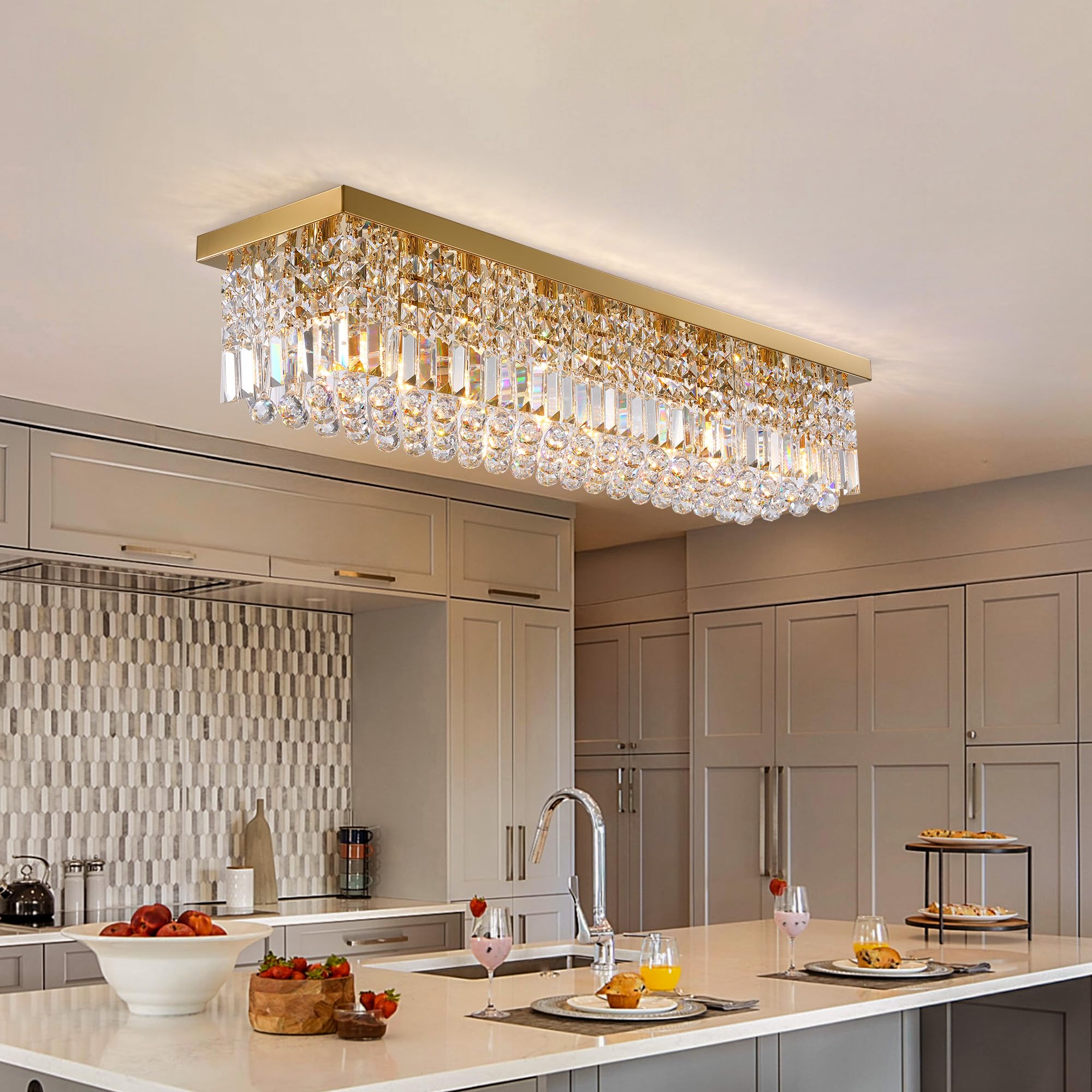 Tinkoso 8-Light Gold Crystal Chandelier, Modern K9 Crystal Rectangle Chandelier For Dining Room Kitchen Island Hanging Pendant L