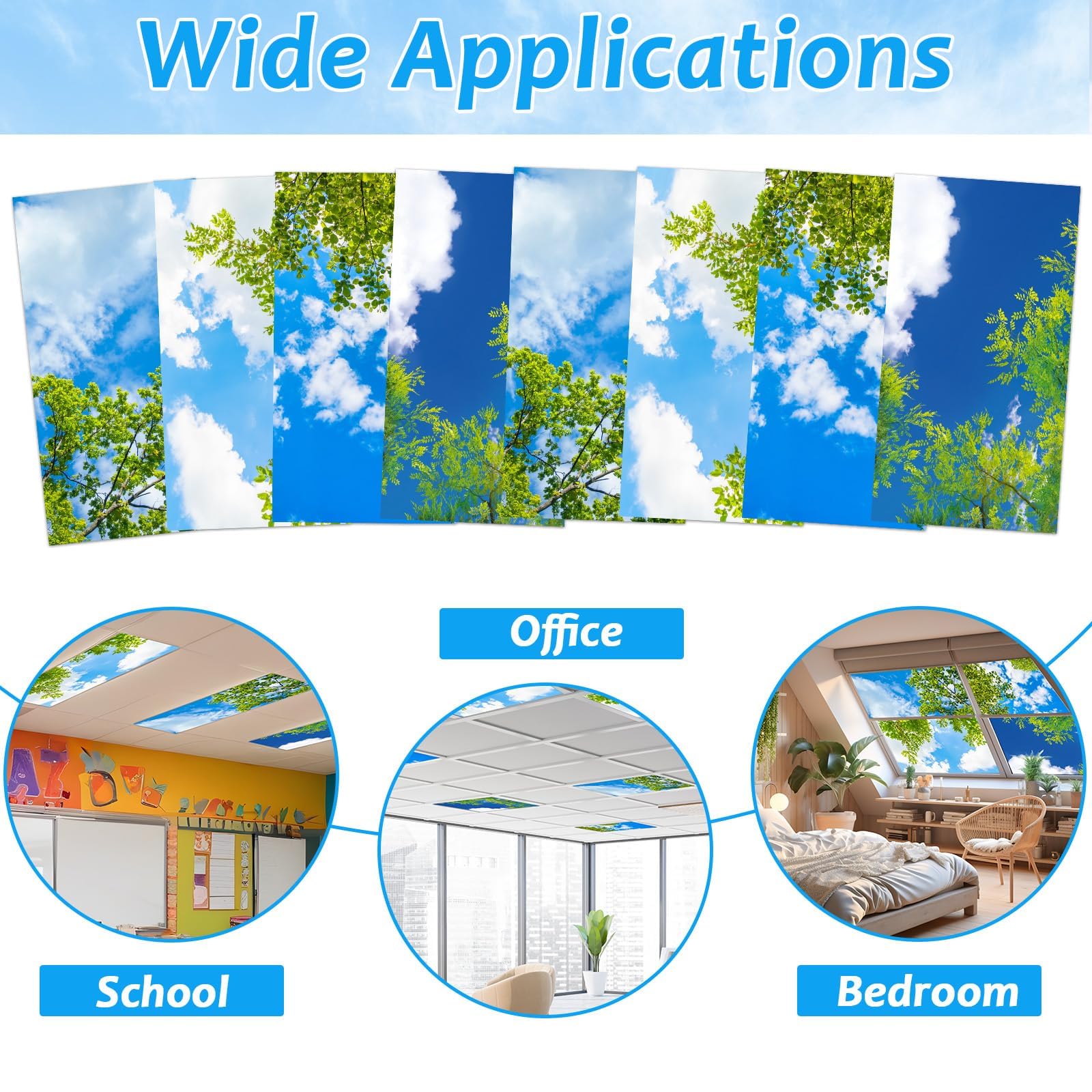 Wiooffen 8 Pcs Fluorescent Light Covers Magnetic 4x2 Feet Polyester Cloud Sky Blue Model YM0707 for Classroom & Office