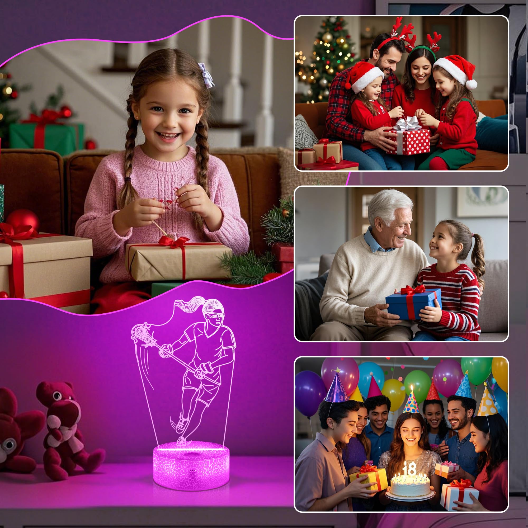 OkiyiD Lacrosse Gifts for Girls Women,Lacrosse Night Light 3D Illusion Lamp with 16 Colors Remote Control,Lacrosse Accessories S