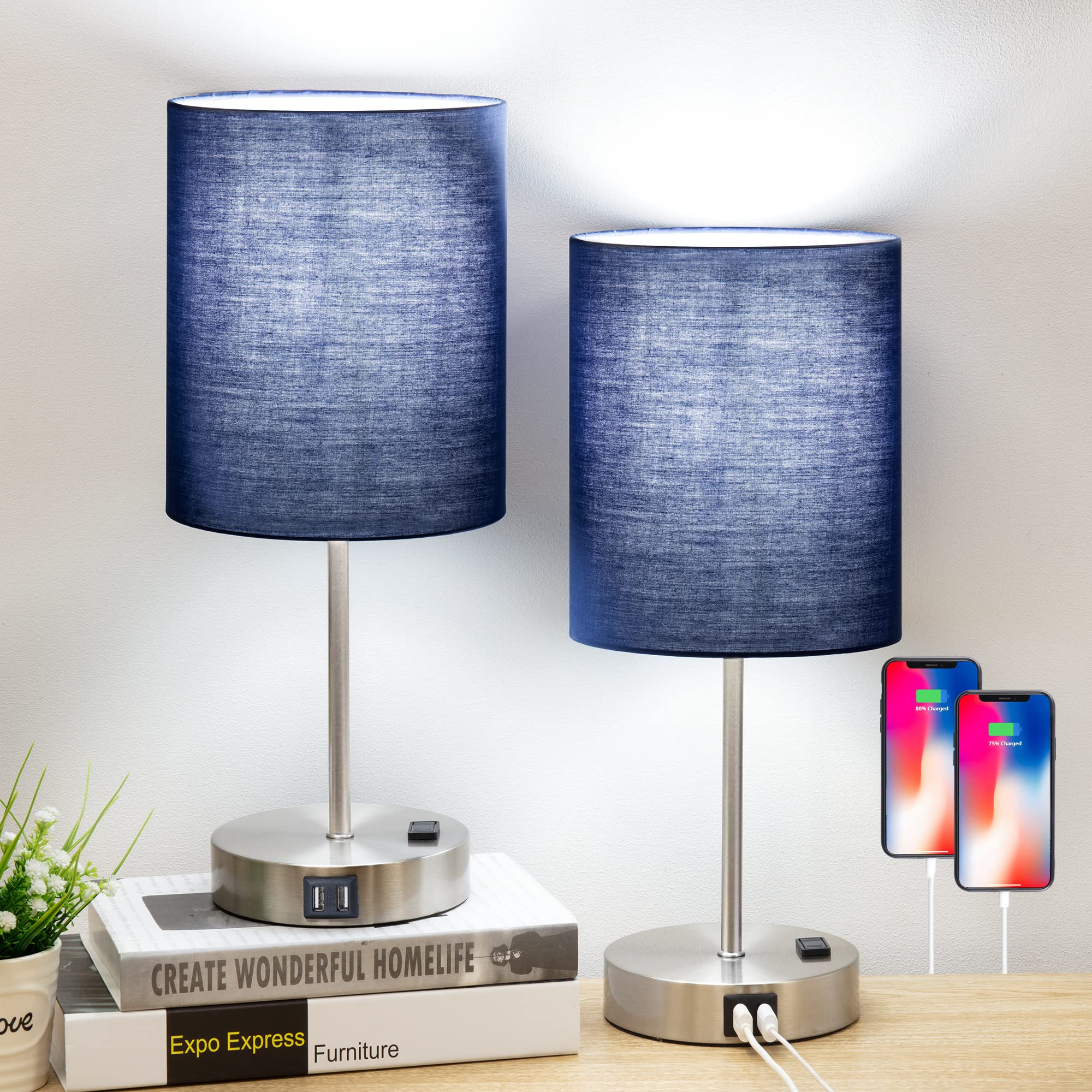 ShineTech Touch Control Bedside Table Lamp Set of 2, 3-Way Dimmable, 2 USB Ports, AC Outlets, Blue, Model JYT-01471-TL