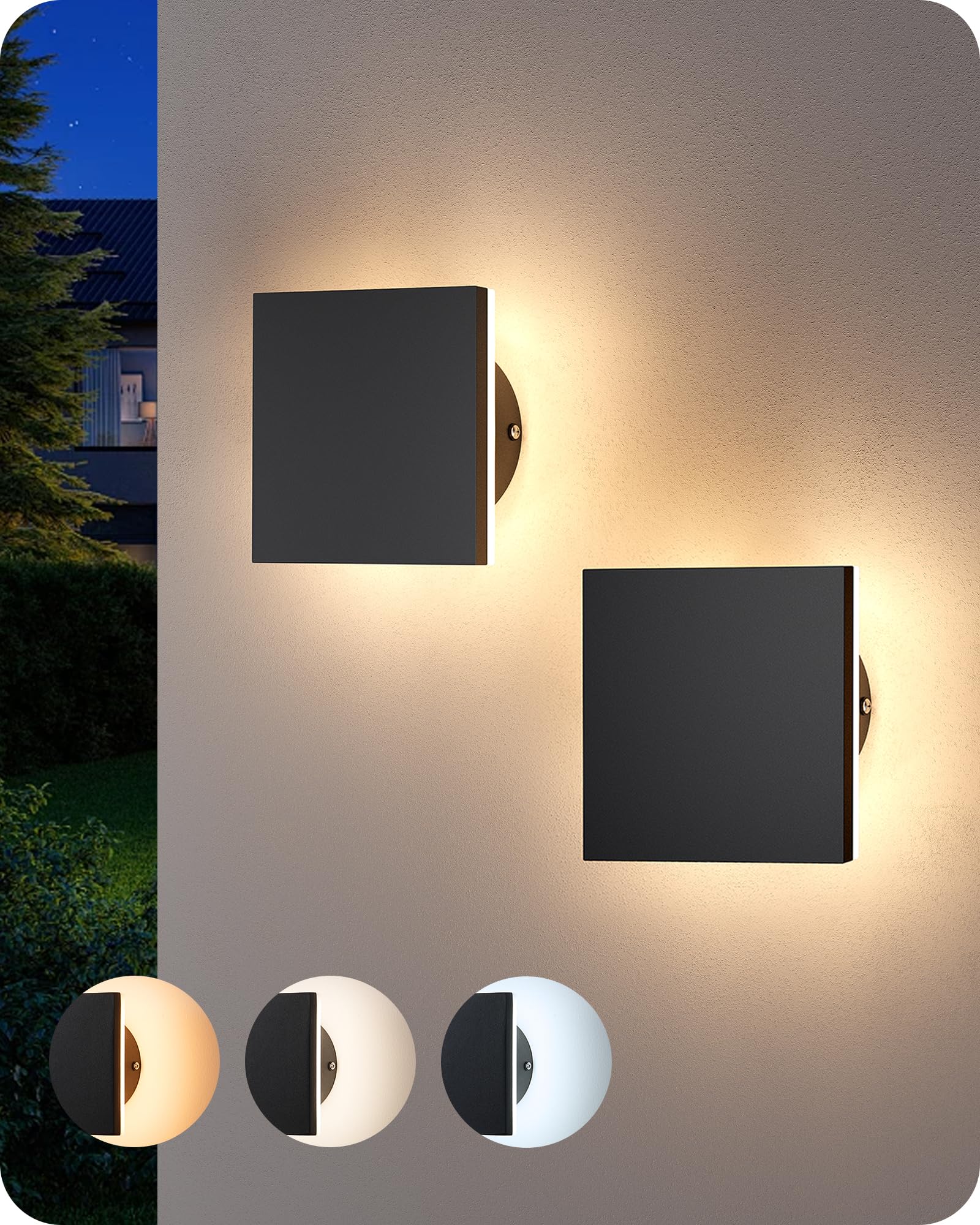 EDISHINE 2 Pack LED Wall Lights Outdoor Indoor, 3000K-5000K Dimmable Wall Sconce, 360 Backlit Square Modern Exterior Lighting Fi