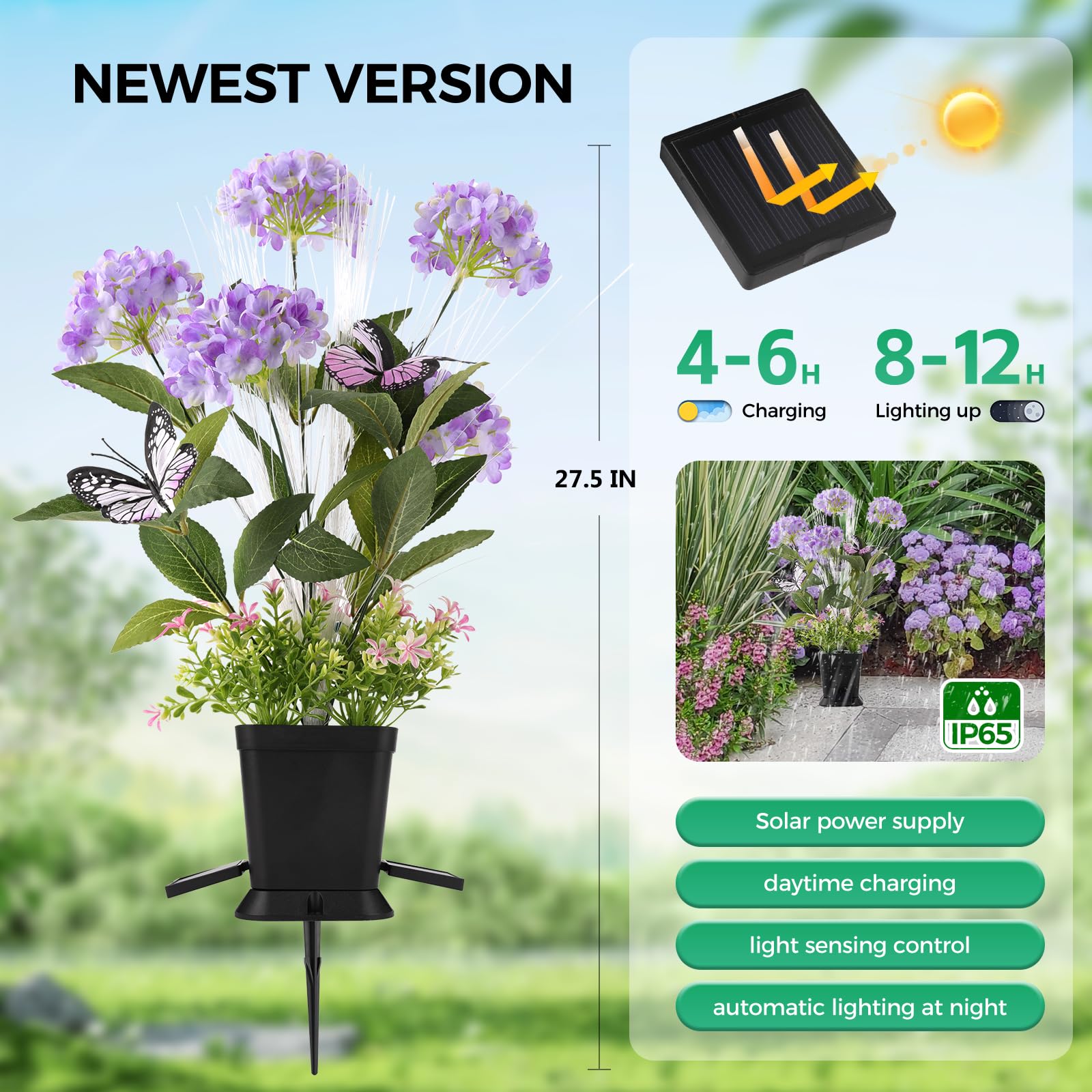 Aukora Solar Garden Lights Potted Outdoor With 7 Lights, Hydrangeas, Butterfly & 7-Color Changing Optical Fiber, Decorative Sola