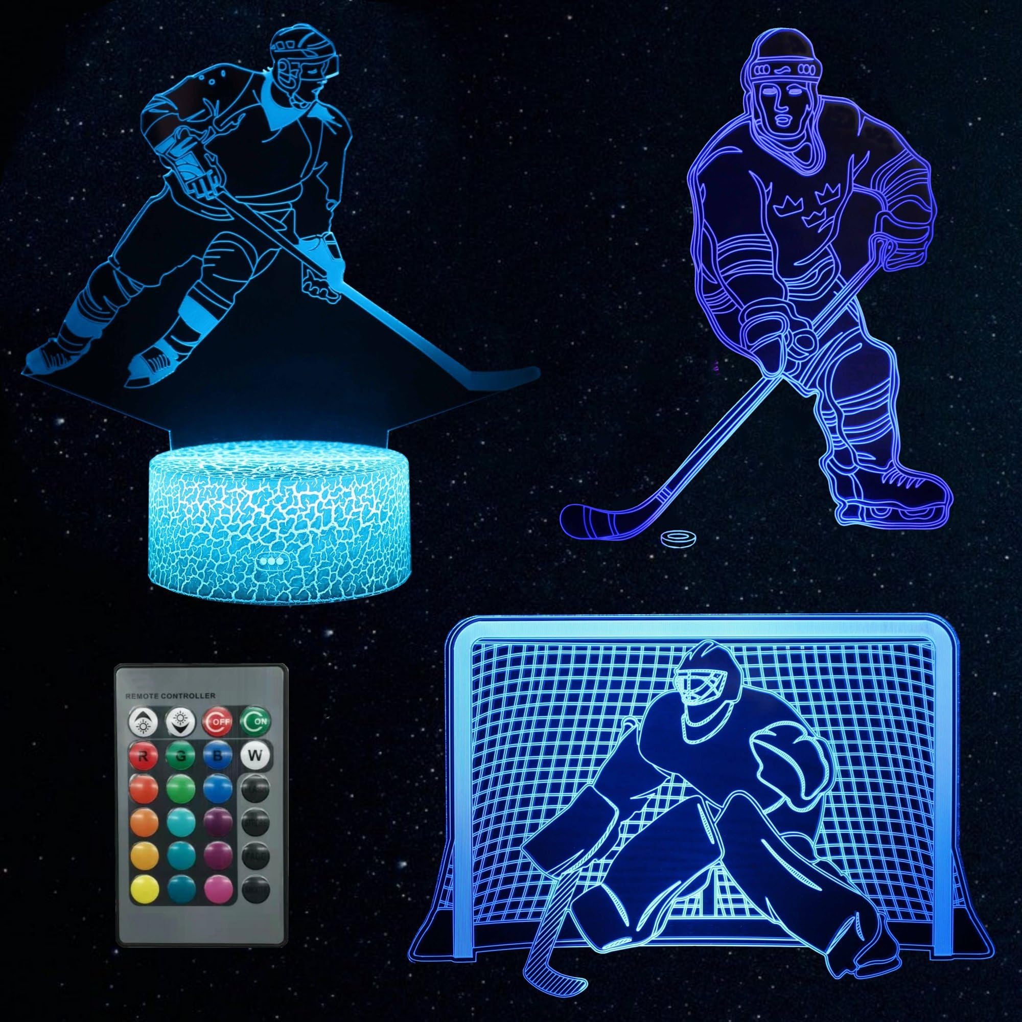 Kenmaca Ice Hockey Player Night Light for Kid Boy Girl Bedroom Decor, 3D Illusion Lamp 3 Patterns 16 Colors Changing Dimmable, T