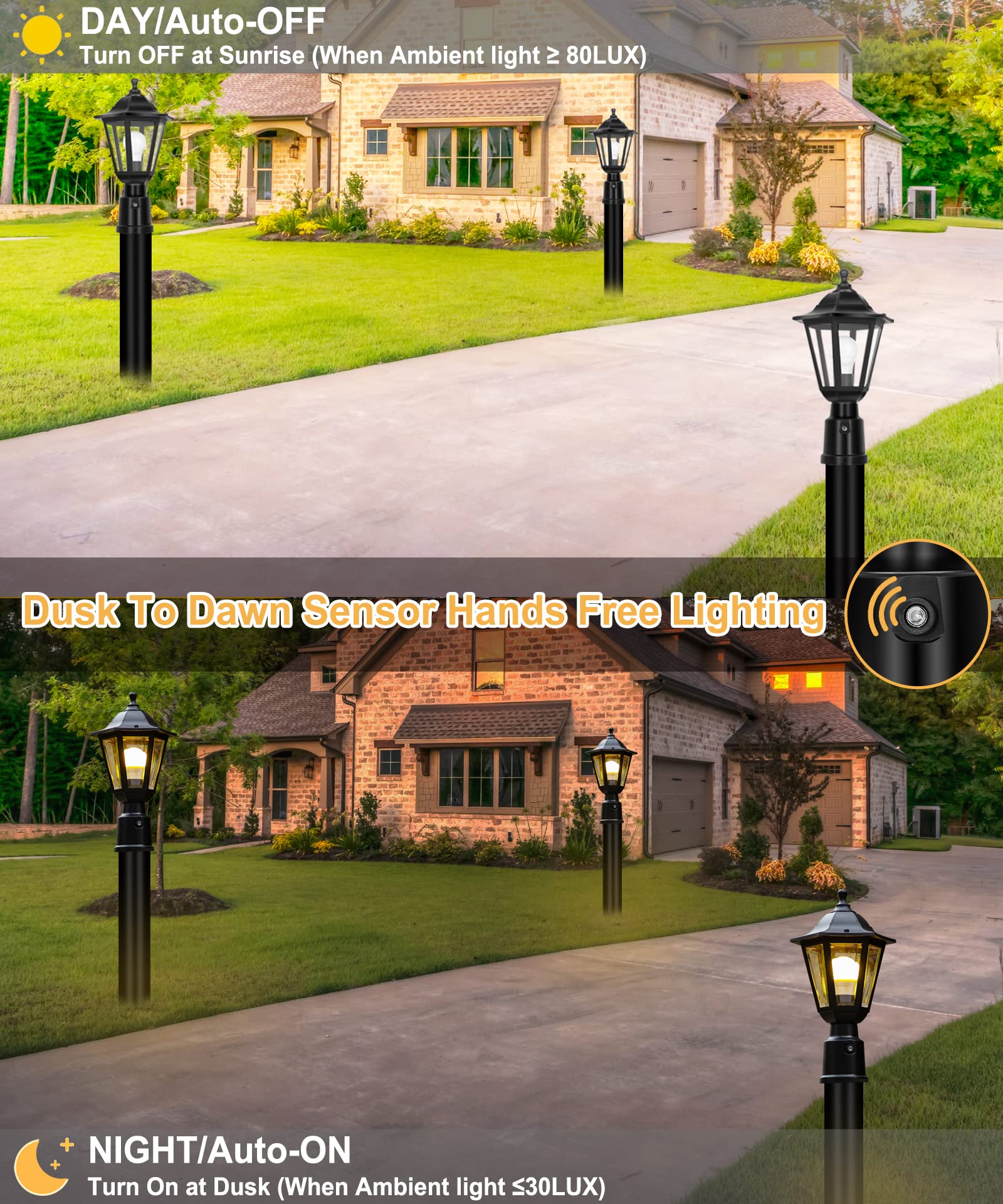 FUDESY Dusk to Dawn Sensor Outdoor Post Light, Waterproof Plastic Lantern, Black, Model FDS6163B1PS, LED Bulb Included