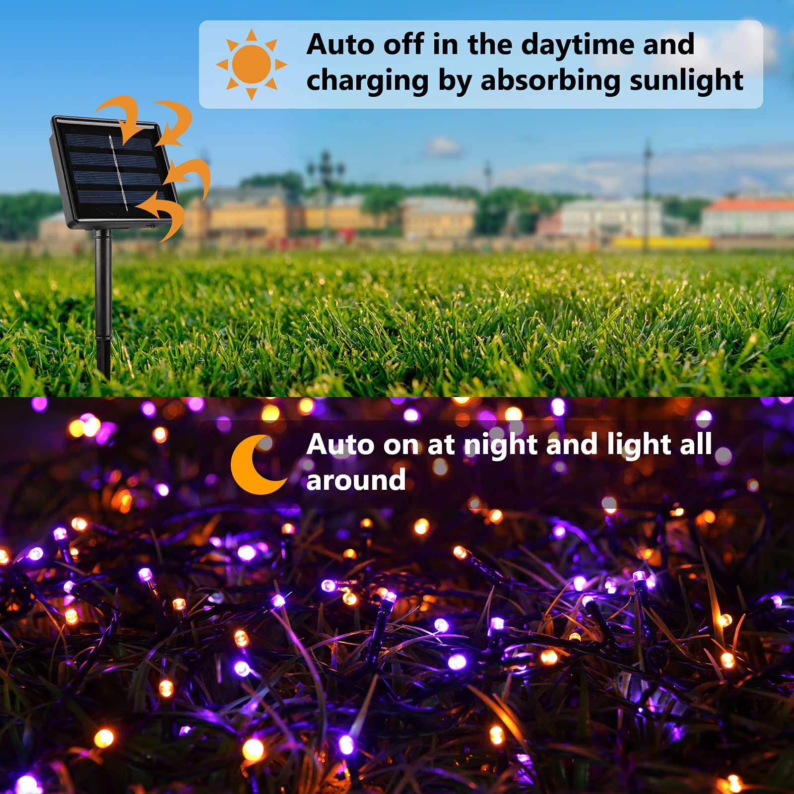 Joomer Solar String Lights 200 LED 72ft 8 Modes Waterproof Orange Purple for Garden Patio Outdoor Decor