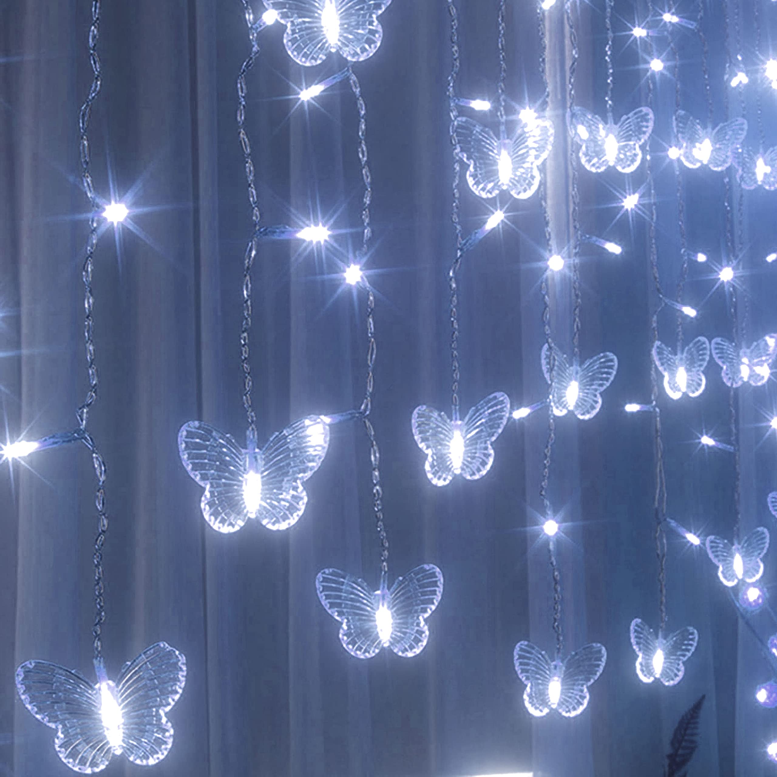 Starrymine 20Ft Cool White Curtain Butterfly String Lights 120Led, 8 Modes, Remote Control