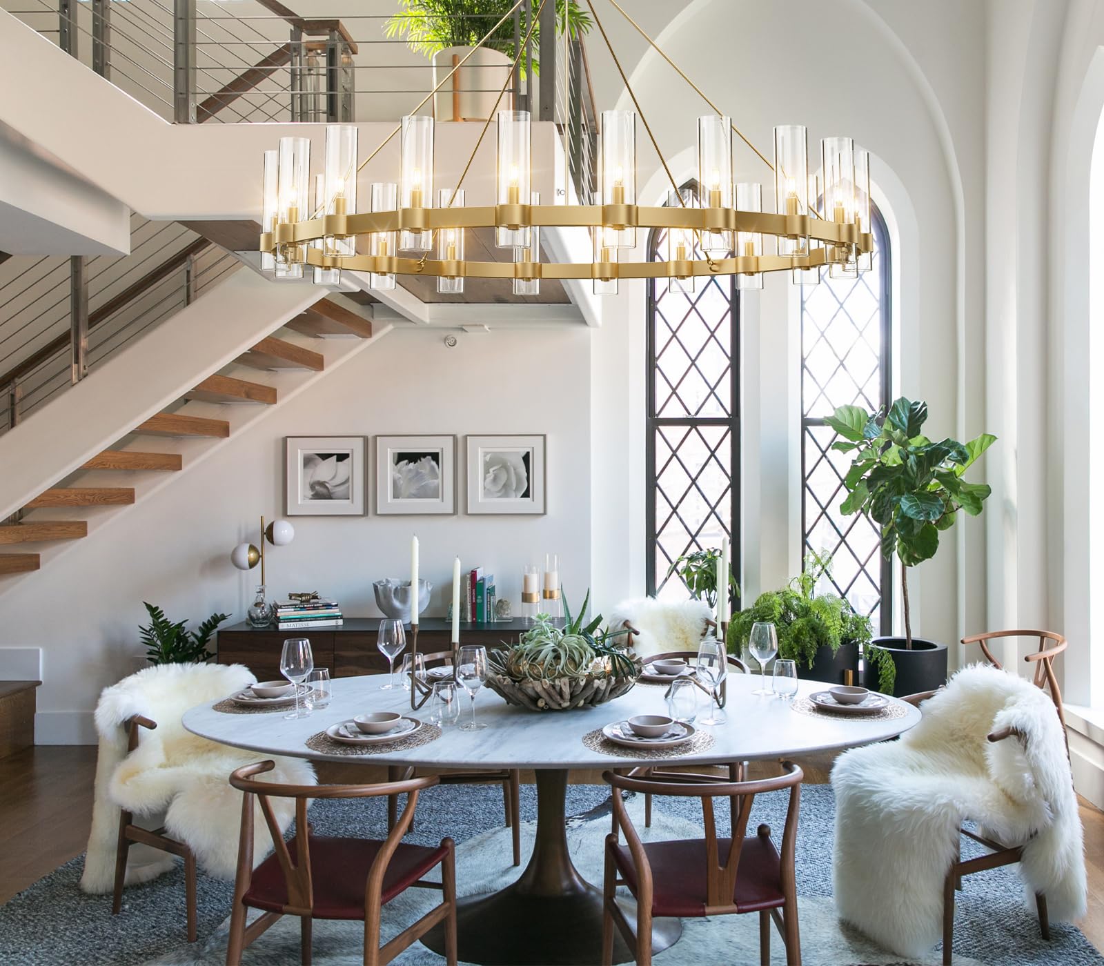 YIOSI Gold Wagon Wheel Chandelier, 60" Industrial Pendant Lighting for High Ceilings, Glass Shade, Ideal for Dining Room & Kitchen Island