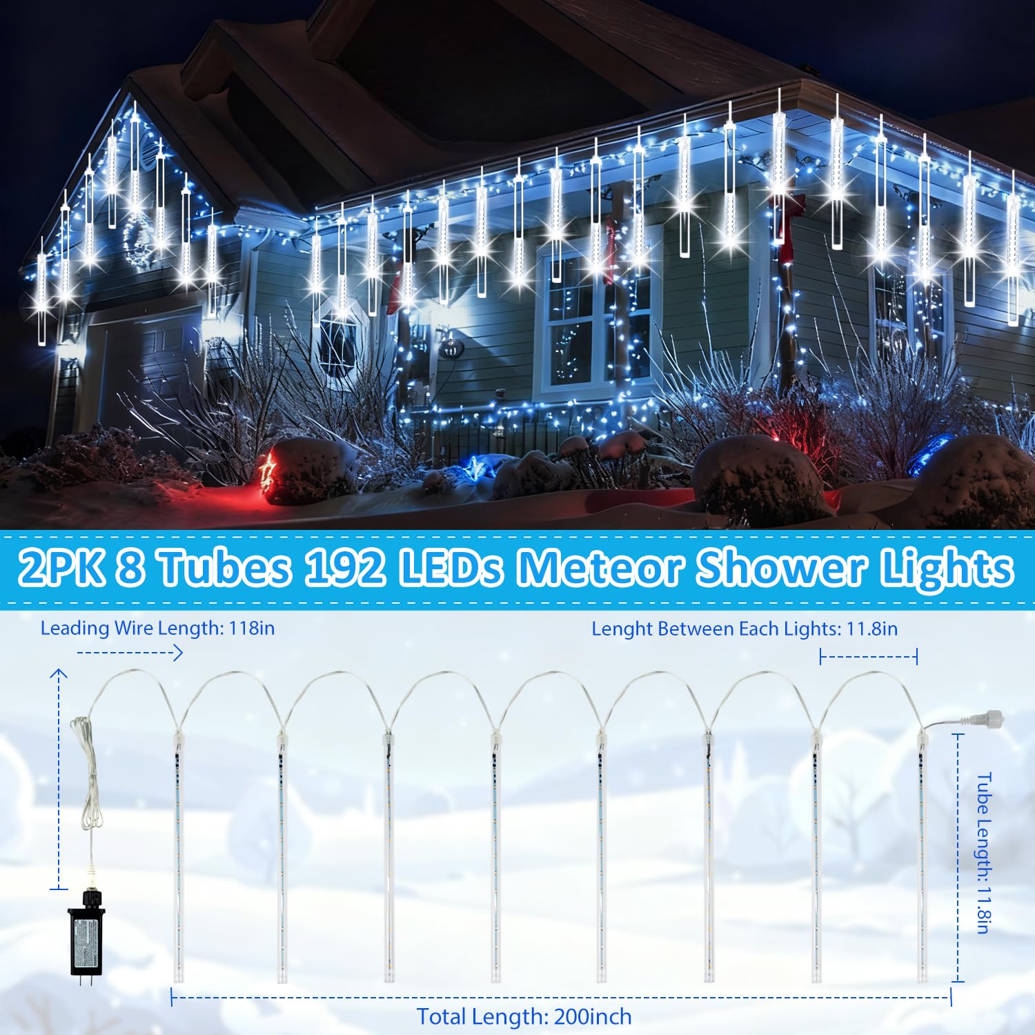 2-Pack Christmas Lights Outdoor  16Tubes 384Leds Extendable Meteor Shower Lights  Falling Rain Light Waterproof Plug In Tree Light For Christmas Backyard Garden Patio Xmas Decoration (Cool White)