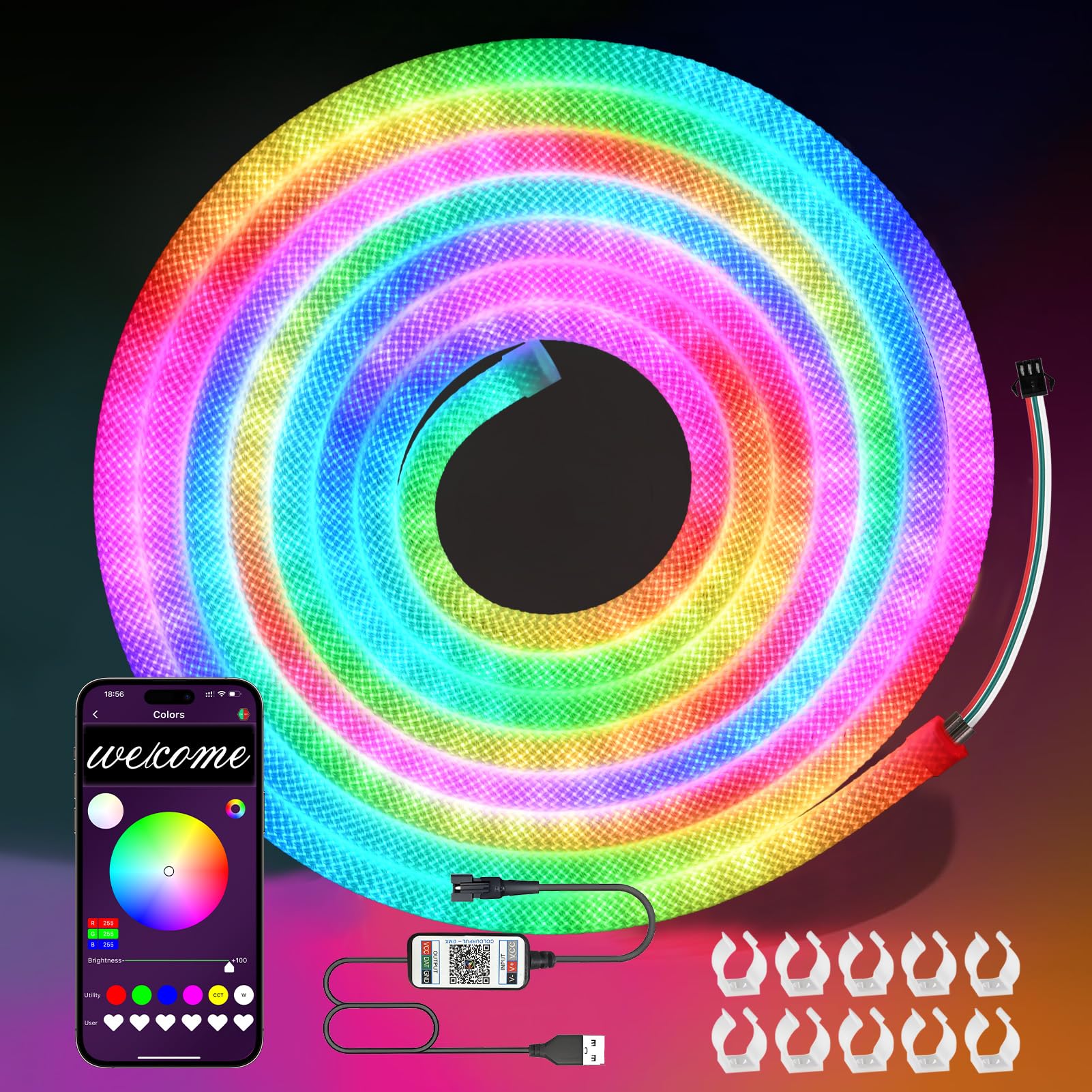 MALIIGAZA LED Rope Lights, 16.4ft RGB Flexible Strip, IP67 Waterproof, Music Sync, Remote APP Control, White