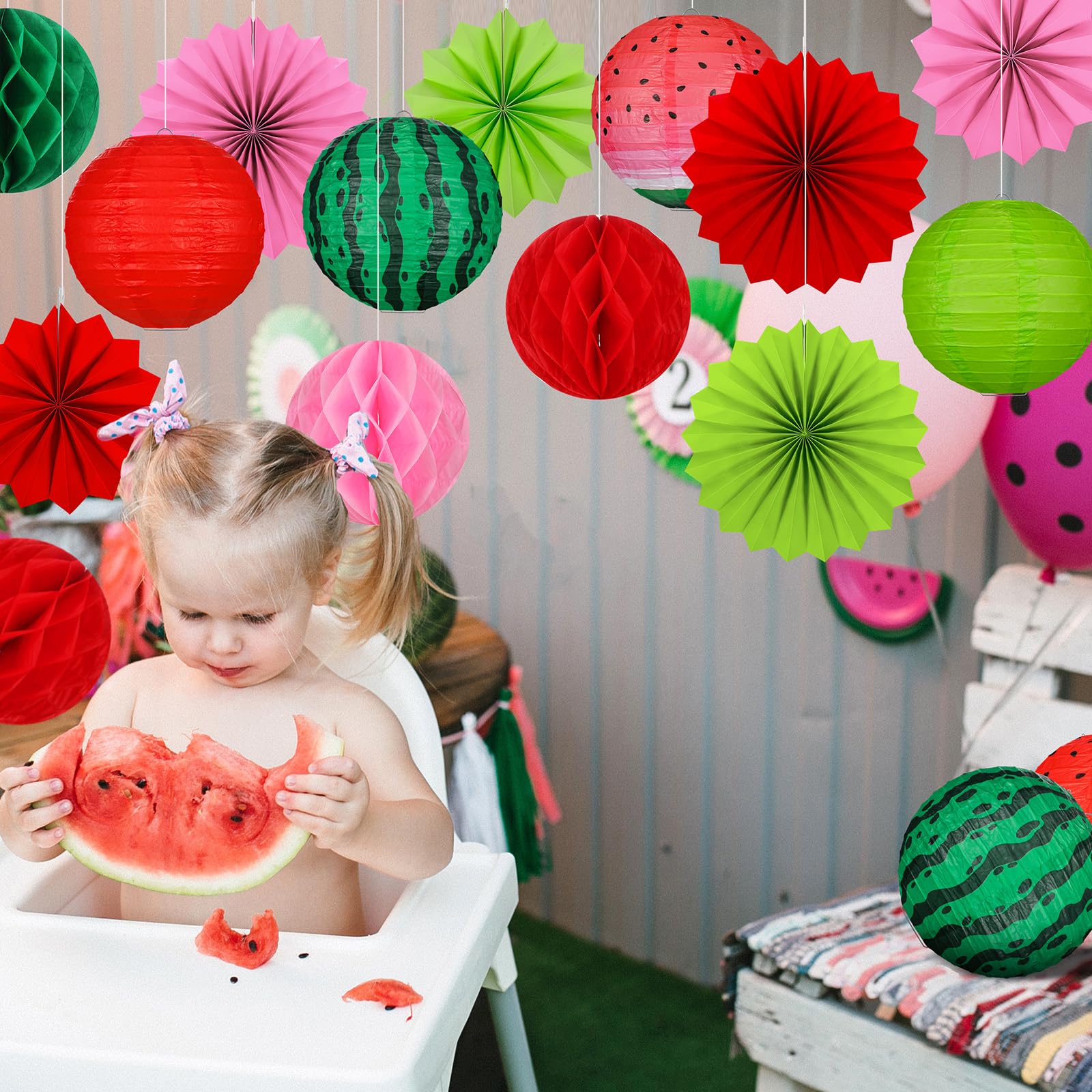 Raiten 18 Pcs Watermelon Party Decorations Summer Party Decorations Watermelon Paper Lantern Hanging Honeycomb Ball Lanterns Fru
