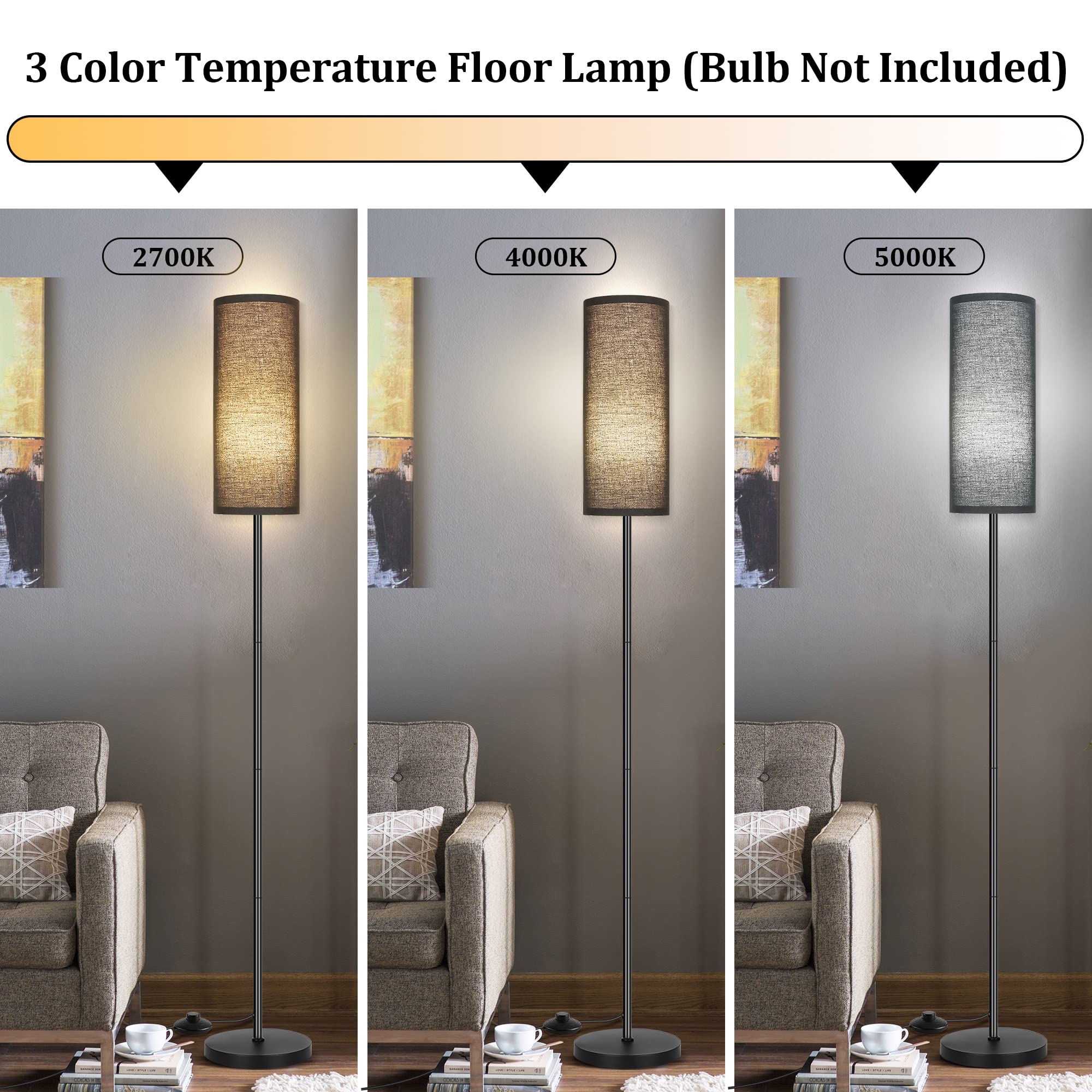 PARTPHONER Floor Lamp, Modern Metal Standing Lamp with Foot Switch, Black, Model ZYTFL for Living Room, Bedroom, Office