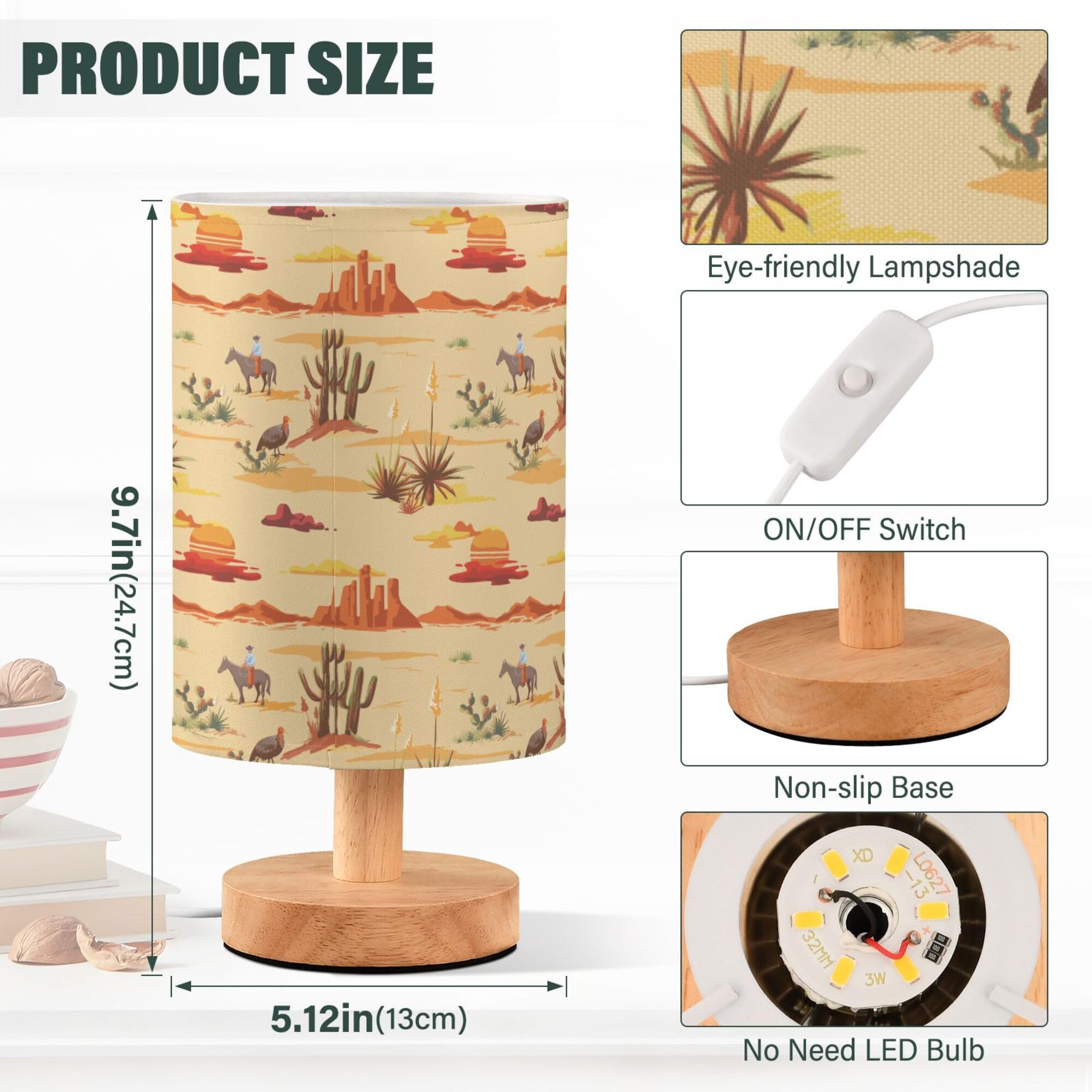 Yyzzh Table Lamp Vintage Desert Sunset Pattern Cactus Mountain Cowboy Horse Turkey Nightstand Lamp With Wood Base Fabric Lamp Sh