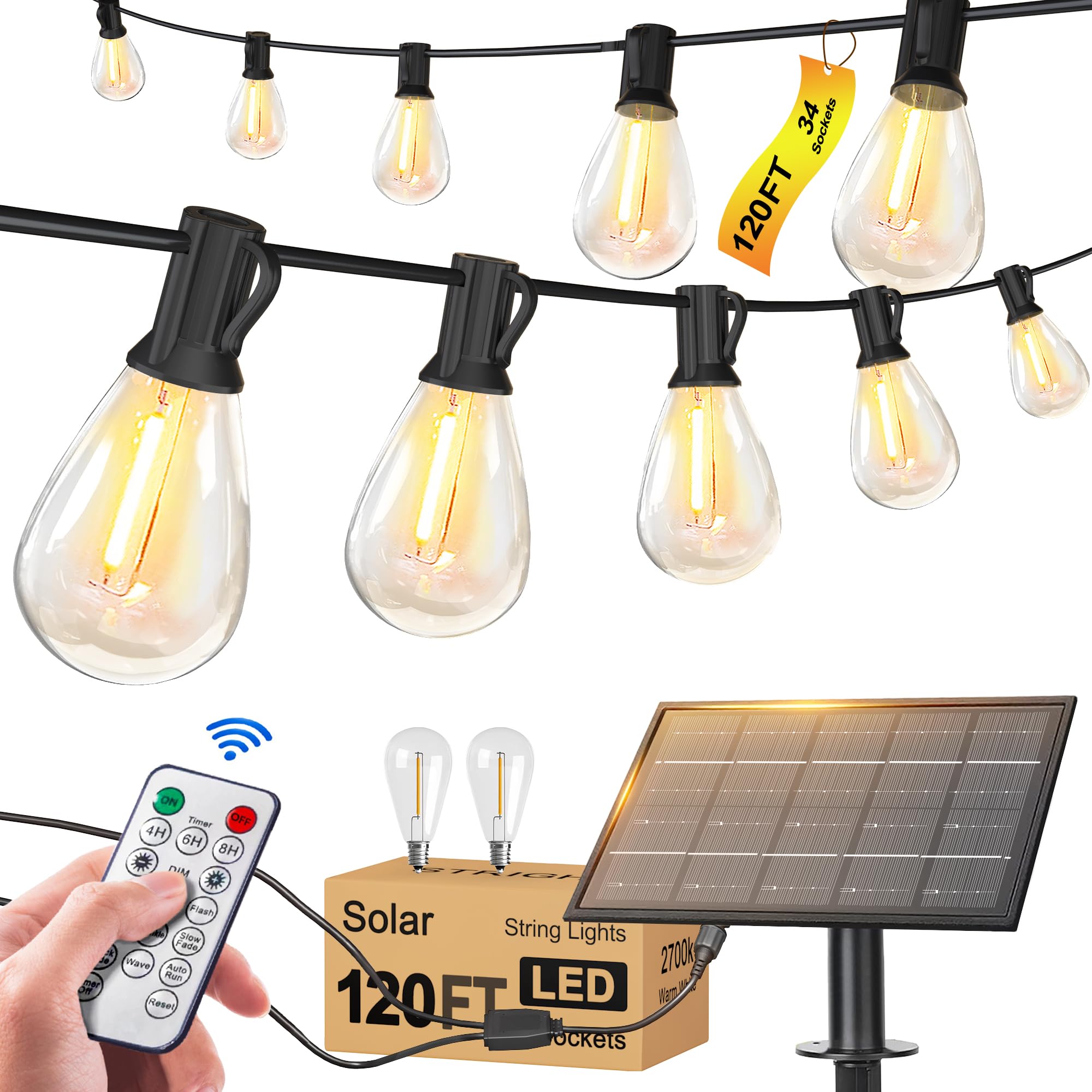 Stright Solar String Lights 120FT 34 Sockets S14 LED Warm White Weatherproof Model S218C-6V