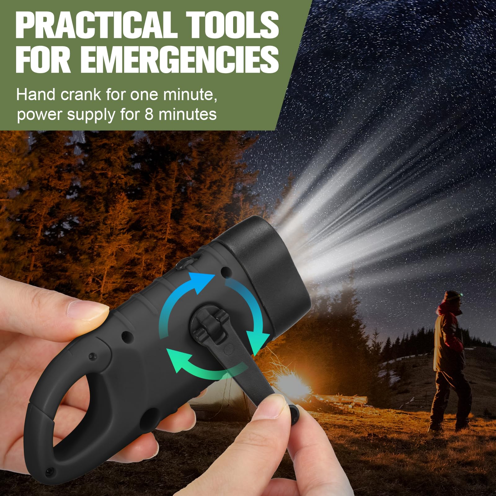 Mudder Hand Crank Solar Powered Flashlights - 6 Pcs Emergency LED for Outdoor Sports, Camping, Hiking - Green/Black, Model CL-Mudder-4655
