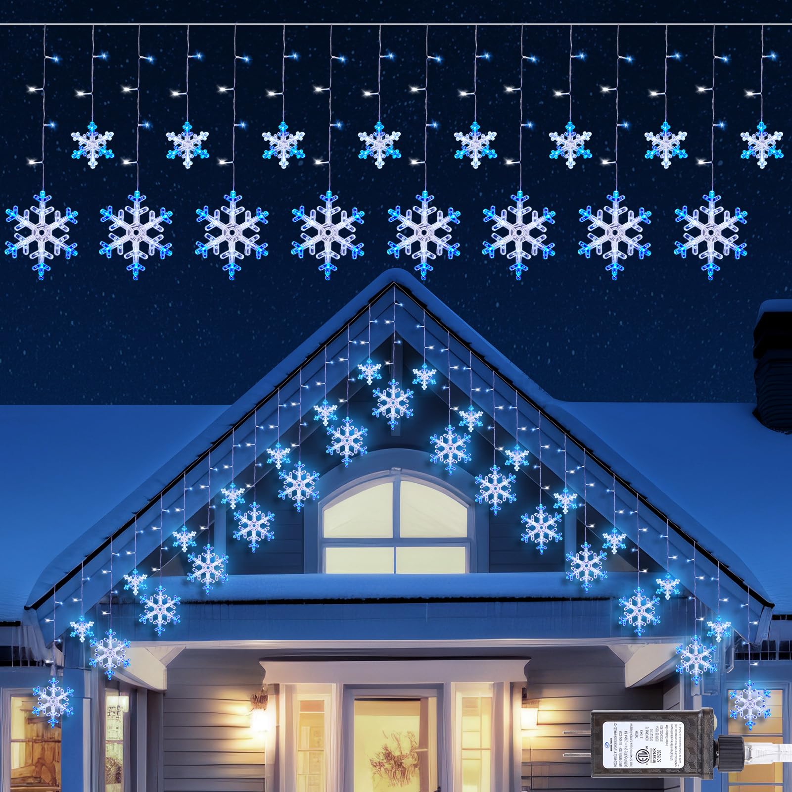 Minetom Christmas Snowflake Lights - 13ft 192LED, 12 Modes, Timer, IP65 Waterproof, Blue and White, Model GP-SW290DC0209-IP44(US