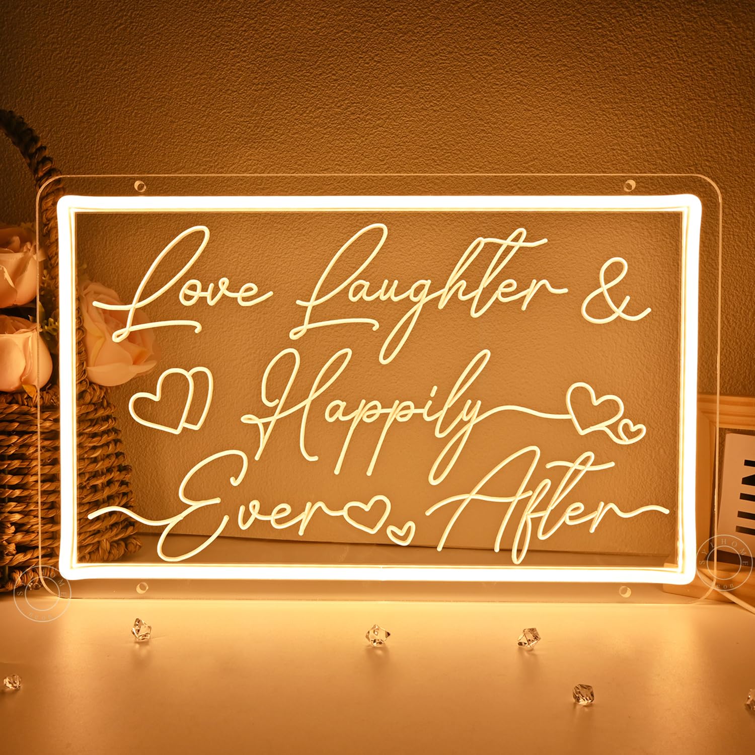 SYLHOME Led Neon Light Sign, Warm White Acrylic, 15.75in X 9.84in, Love Laughter Happily Ever After Decor for Home, Bedroom, Party