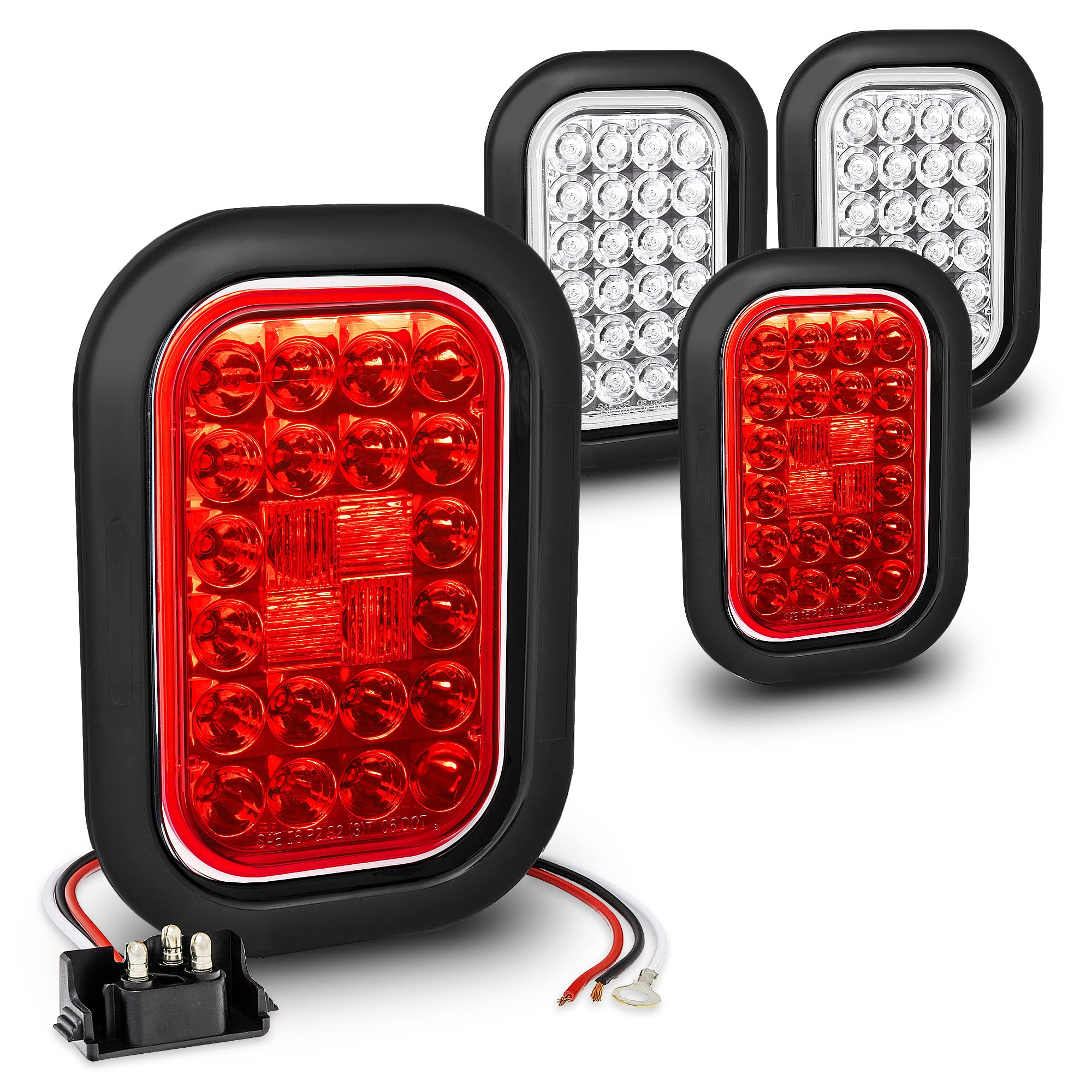 True Mods 2 Red + 2 White 5X3 3X5 Inch Rectangle Led Trailer Tail Light Kit [Dot Fmvss 108] [Grommets/Plugs] [Submersible] [Stop Turn Tail Reverse] [24 Led] Brake Lamp For Tow Truck 80&quot; Wide Trailer