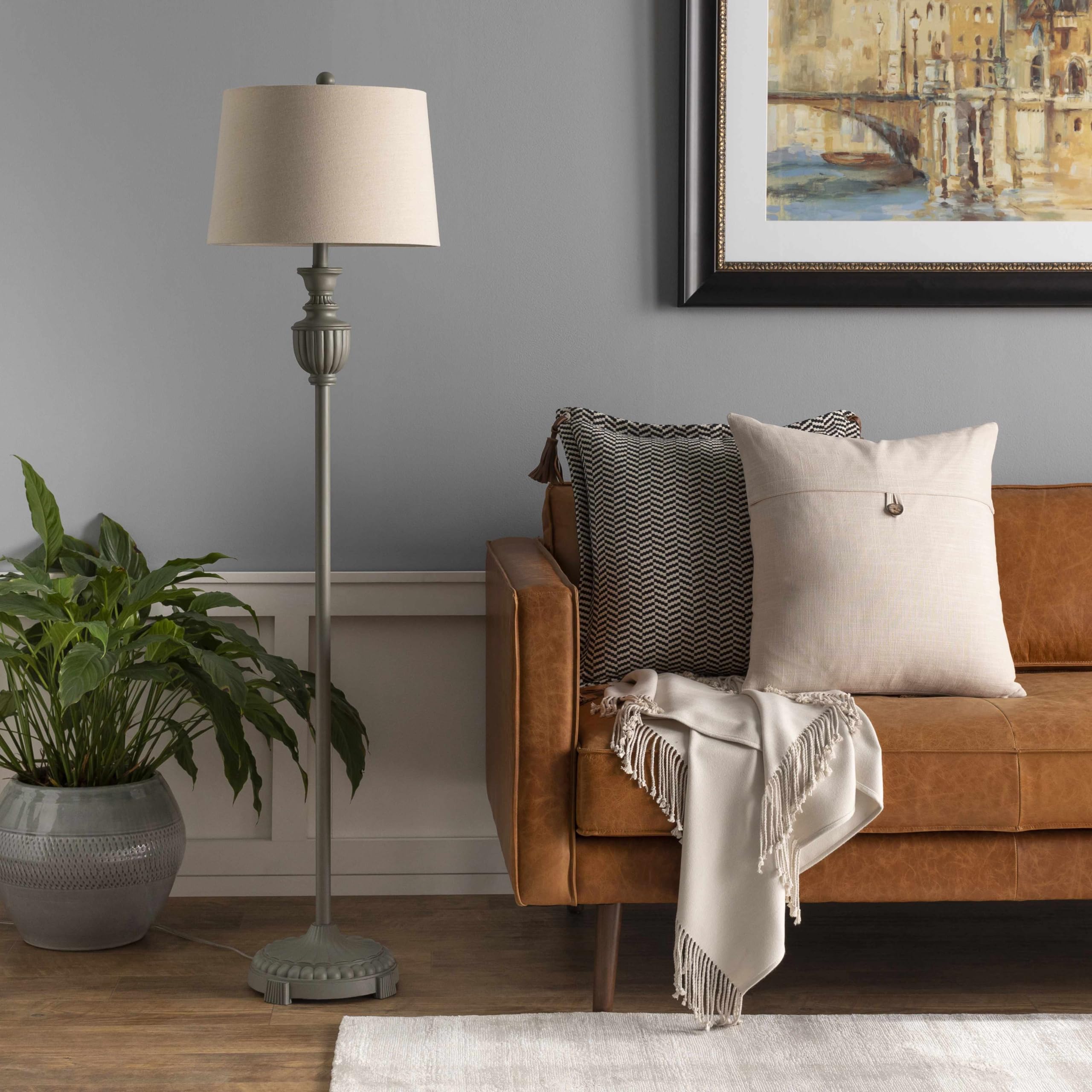 Boutiquerugs Nelspruit Floor Lamp For Living Room - Boho Standing Lighting - Shade Linen - Cream, Gray - 59'' H