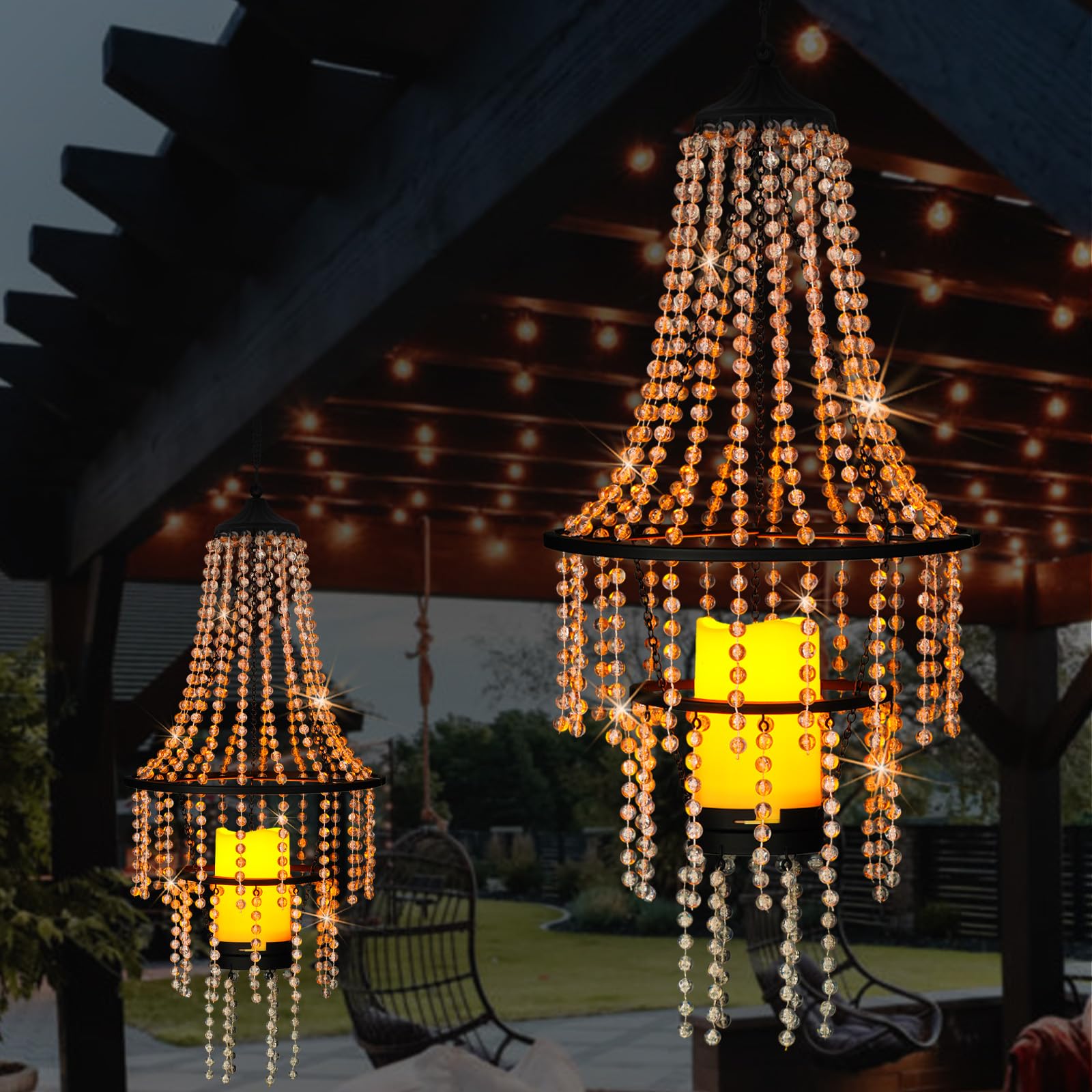 Hanging Candle Chandelier Outdoor, Battery Operated Clear Acrylic Beaded Chandelier with Flickering Led Candle Light S Hooks Mod