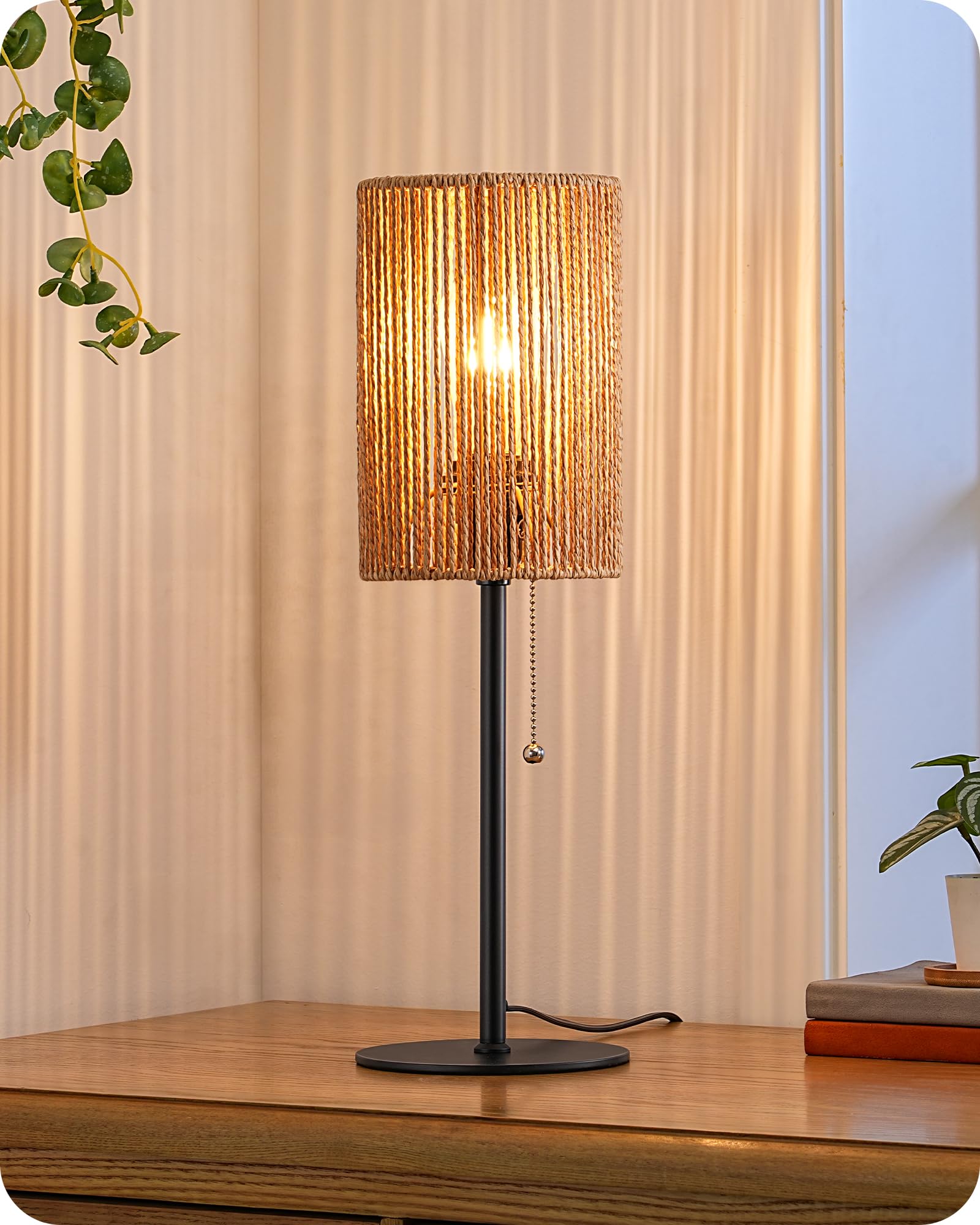 Edishine Tall Table Lamp, 19.1'' Rattan Bedside Lamp With Vertical Woven Shade & Pull Chain Switch, E26 Socket, Metal Base, Boho
