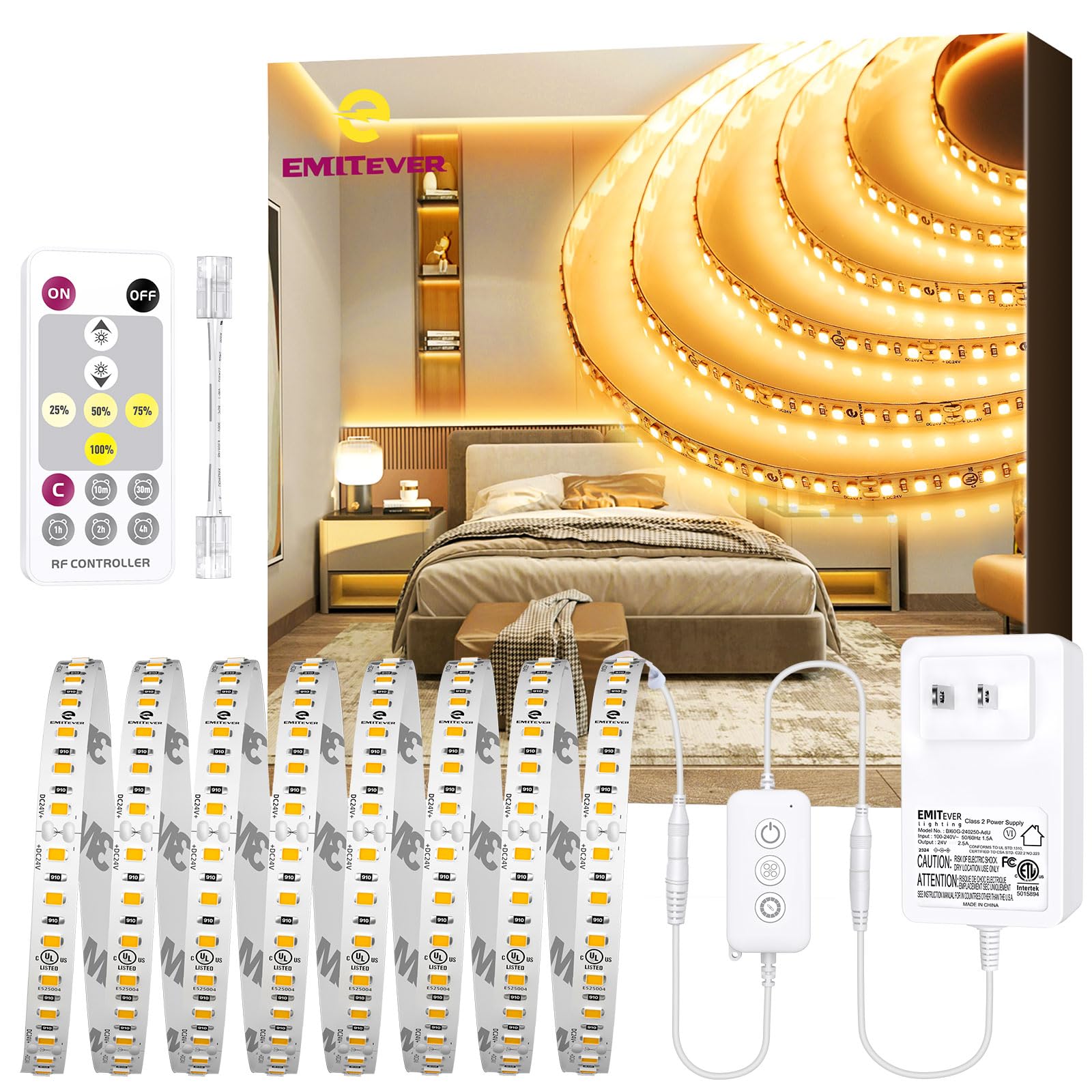 Emitever Led Strip Lights Kit Warm White With Remote & 24V Power Supply 16.4Ft Dimmable Tape Light 2700K  High Density 600Leds  240+Lm/Ft  Cri95+  Suitable For Bedroom Kitchen Under Cabinet Lighting