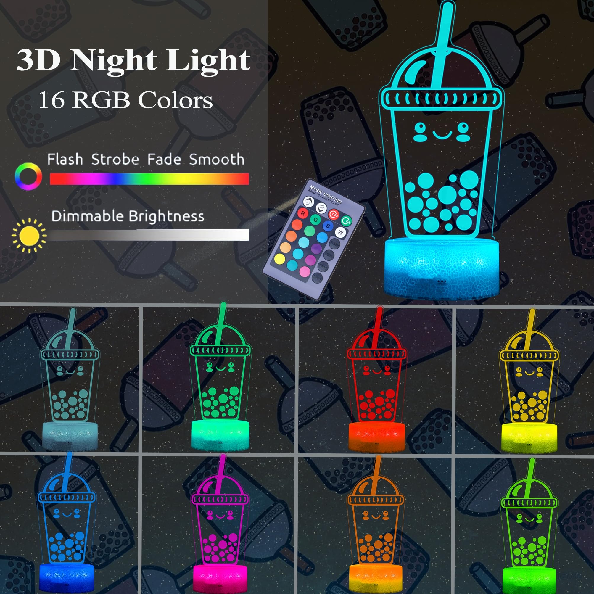 Posshe Boba Lamp - 3D Night Light With Remote Control, 16 Color Changing, Rgb Flashing Mode, Dimmable - Boba Gifts For Boys & Gi