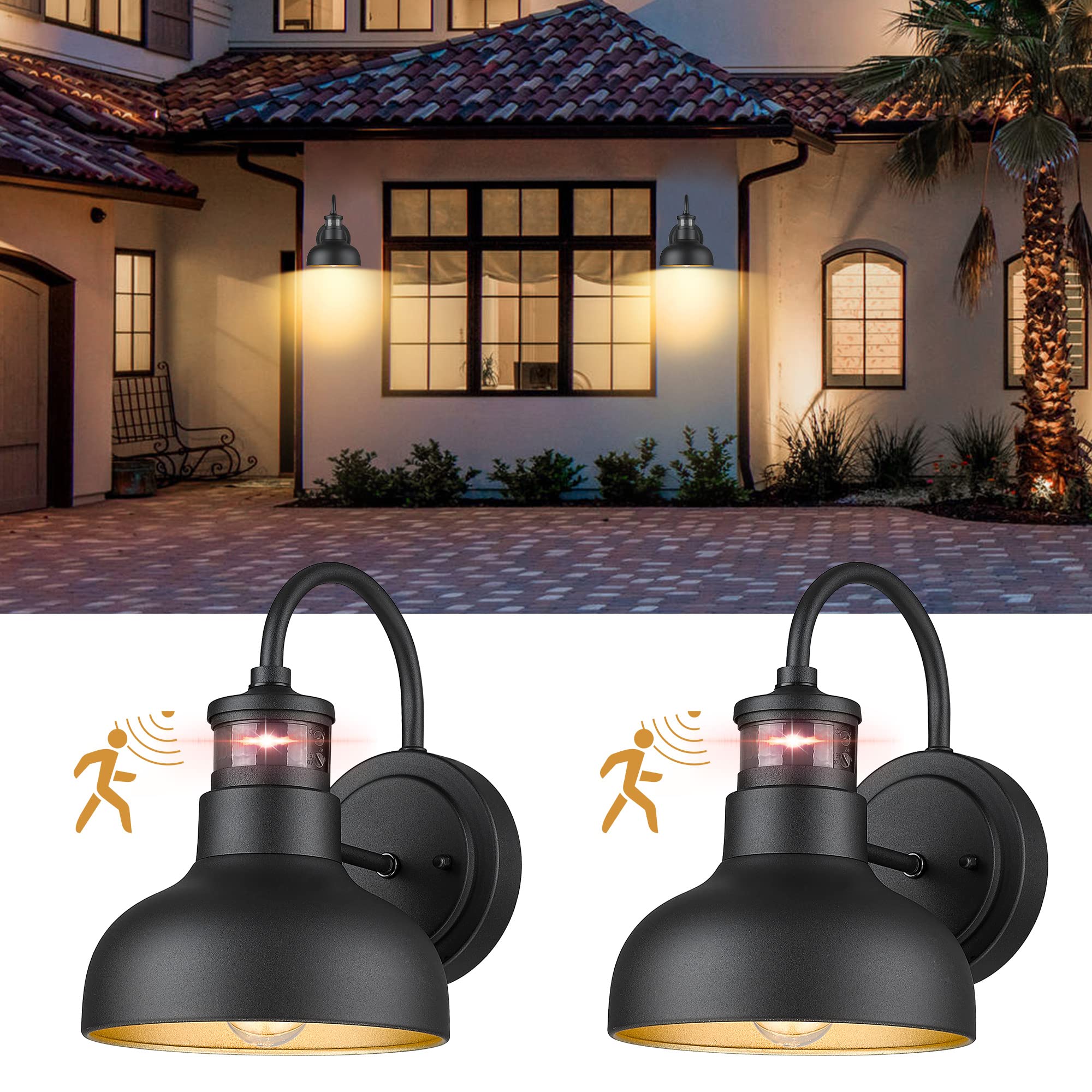 Seovix 2Pack 9” Motion Sensor Outdoor Wall Light, Outdoor Light Fixture Dusk To Dawn E26 Base Socket, Ip65 Waterproof Outside Porch Lights For Garage, Porch, 2210Sbk(G)-2