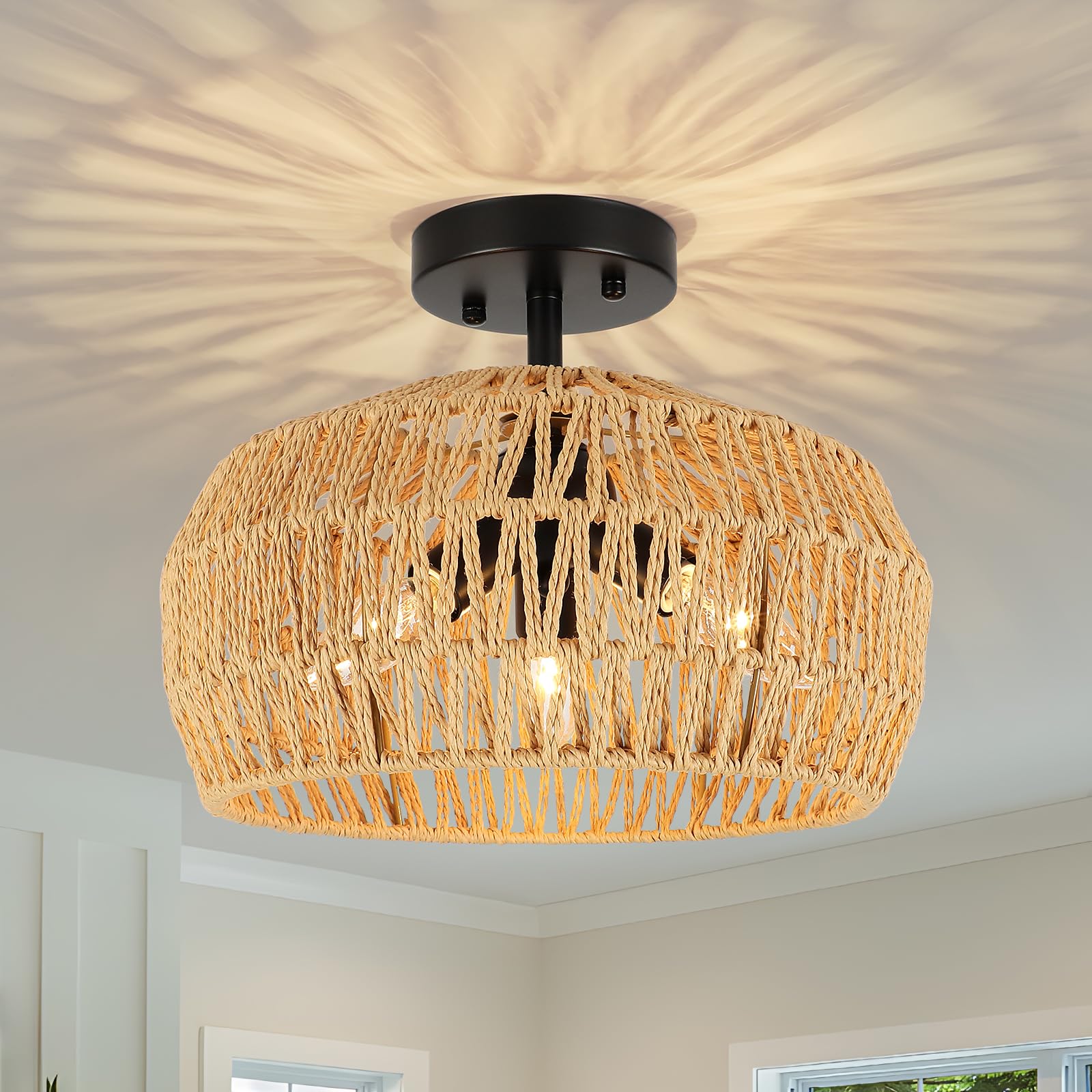 foucasal Rattan Light Fixtures Ceiling Mount, 3-Lights Boho Semi Flush Mount Ceiling Light, Farmhouse Woven Ceiling Lighting, Ru