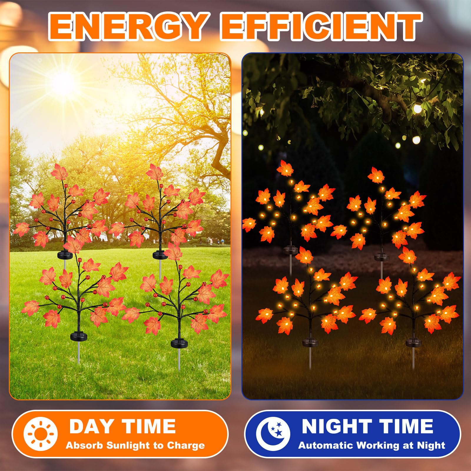 Rossesay 4 Pack Outdoor Fall Solar Lights Decorations Thanksgiving Waterproof Orange Maple Leaf Lights  Autumn Artificial Tree For Halloween Christmas Party Yard Garden Decor  10 Led 8 Modes