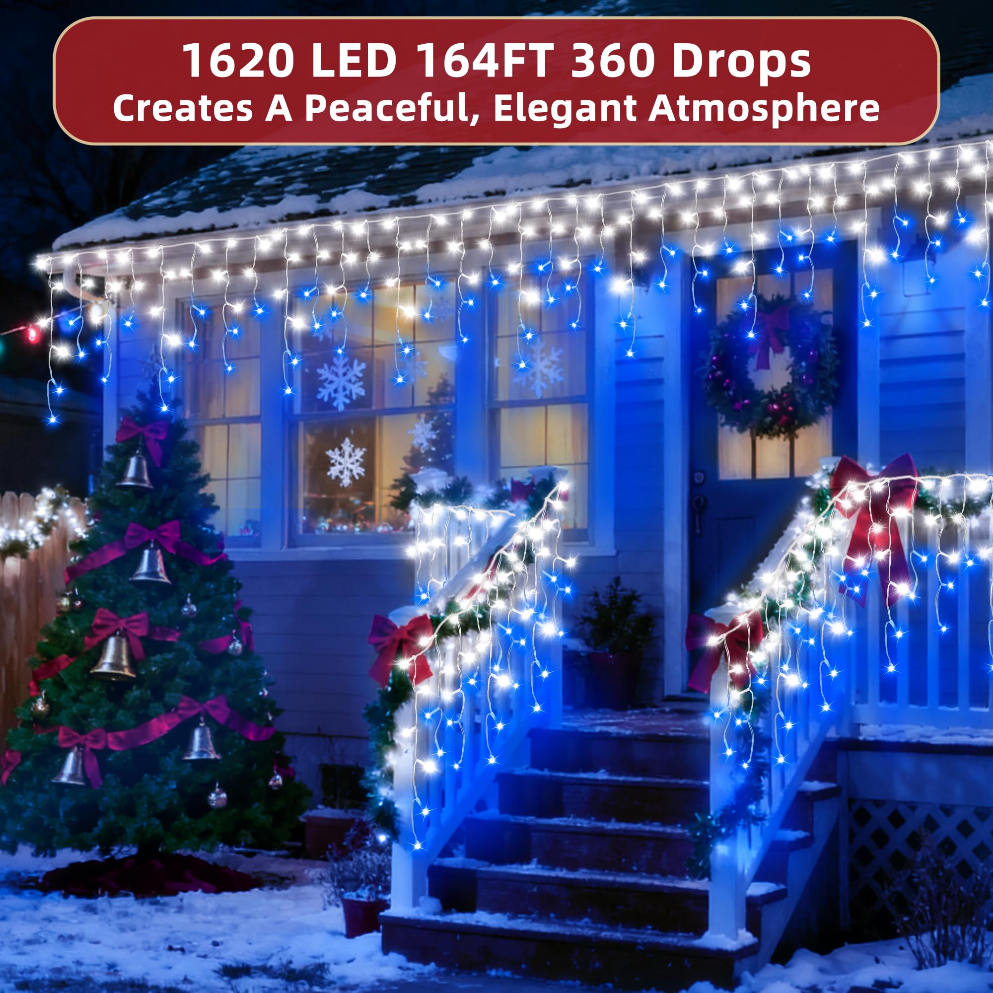 YHBJKCZ LED Christmas Lights Outdoor 164 FT 360 Drops 12 Modes Dimmable Blue & Cool White Model HS-1620L
